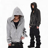 Distressed Waffle Riveted Zip-Up Hoodie