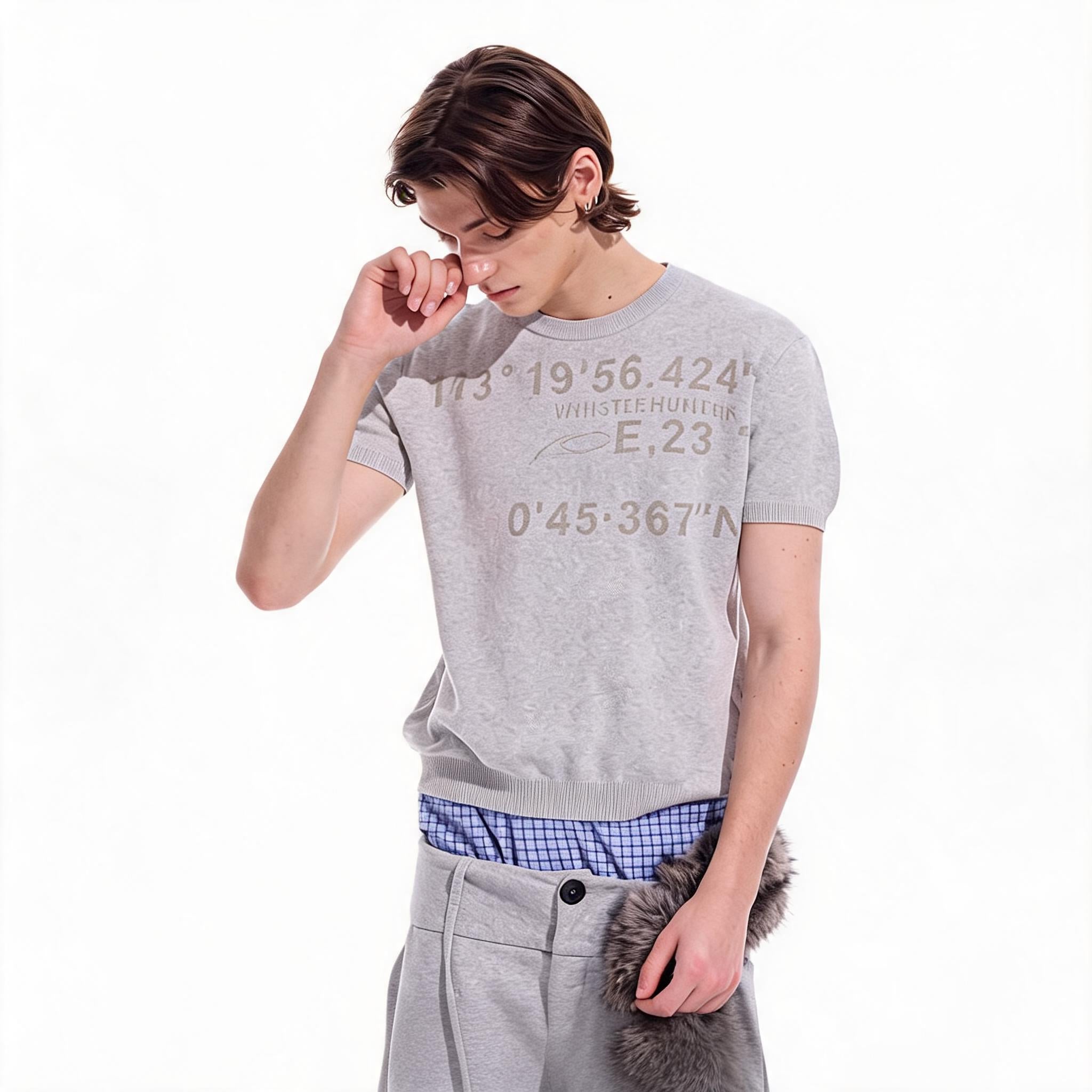 Gray Distressed Jacquard Slim Knit Tee