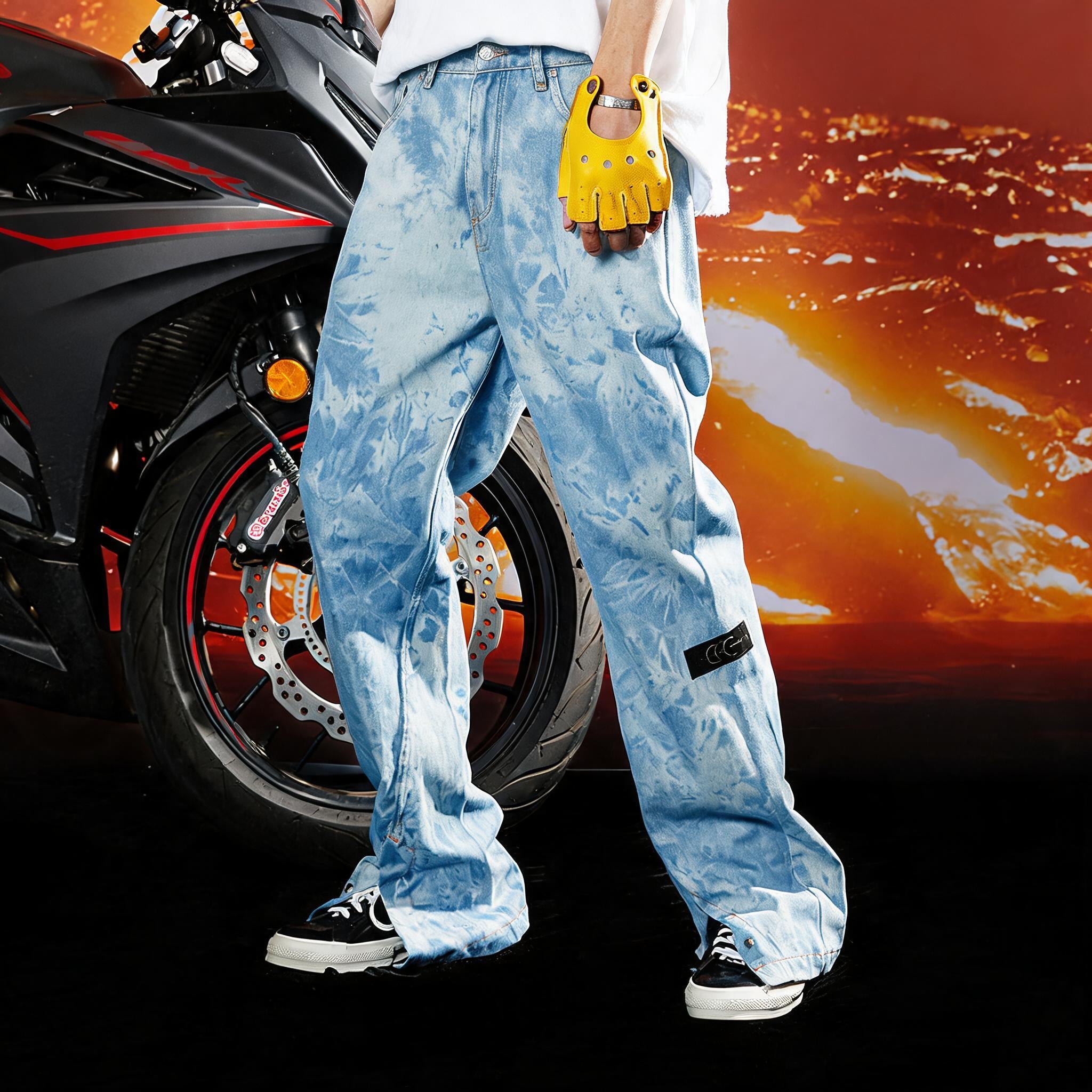 Asymmetric Tie-dye Washed Blue Flare Jeans