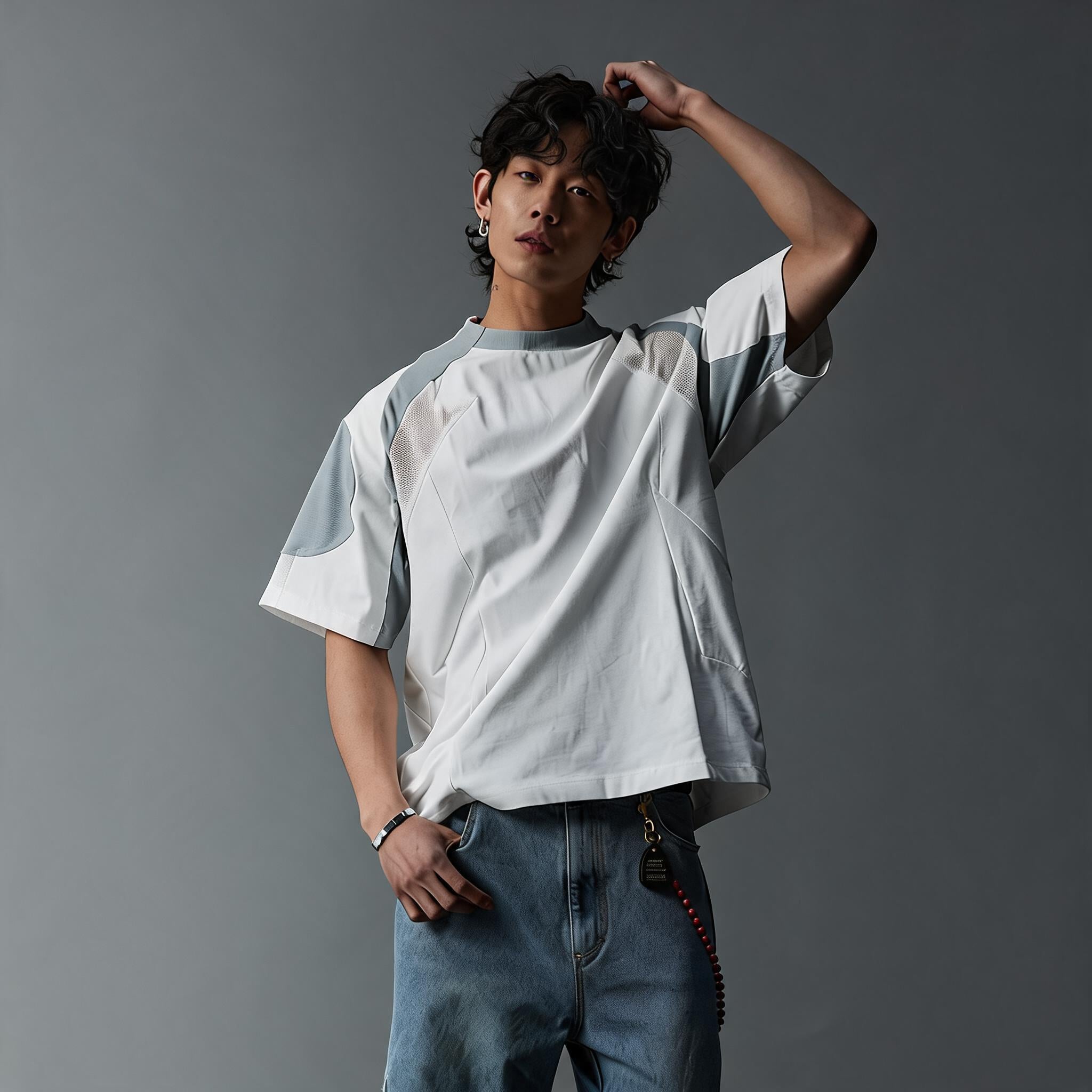 Two-Tone Washed Mesh Patchwork Tee