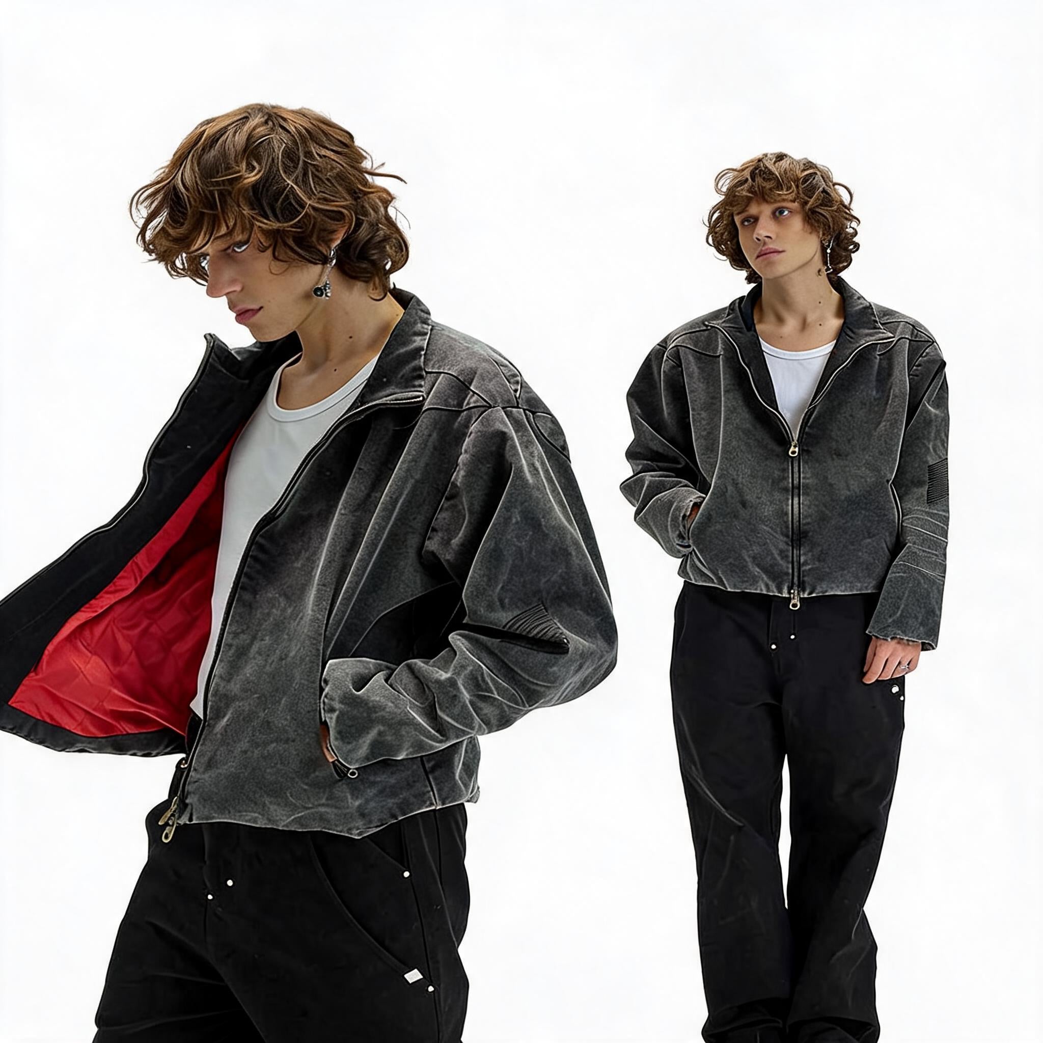 Cropped Loose Red Lined Puffer Coat