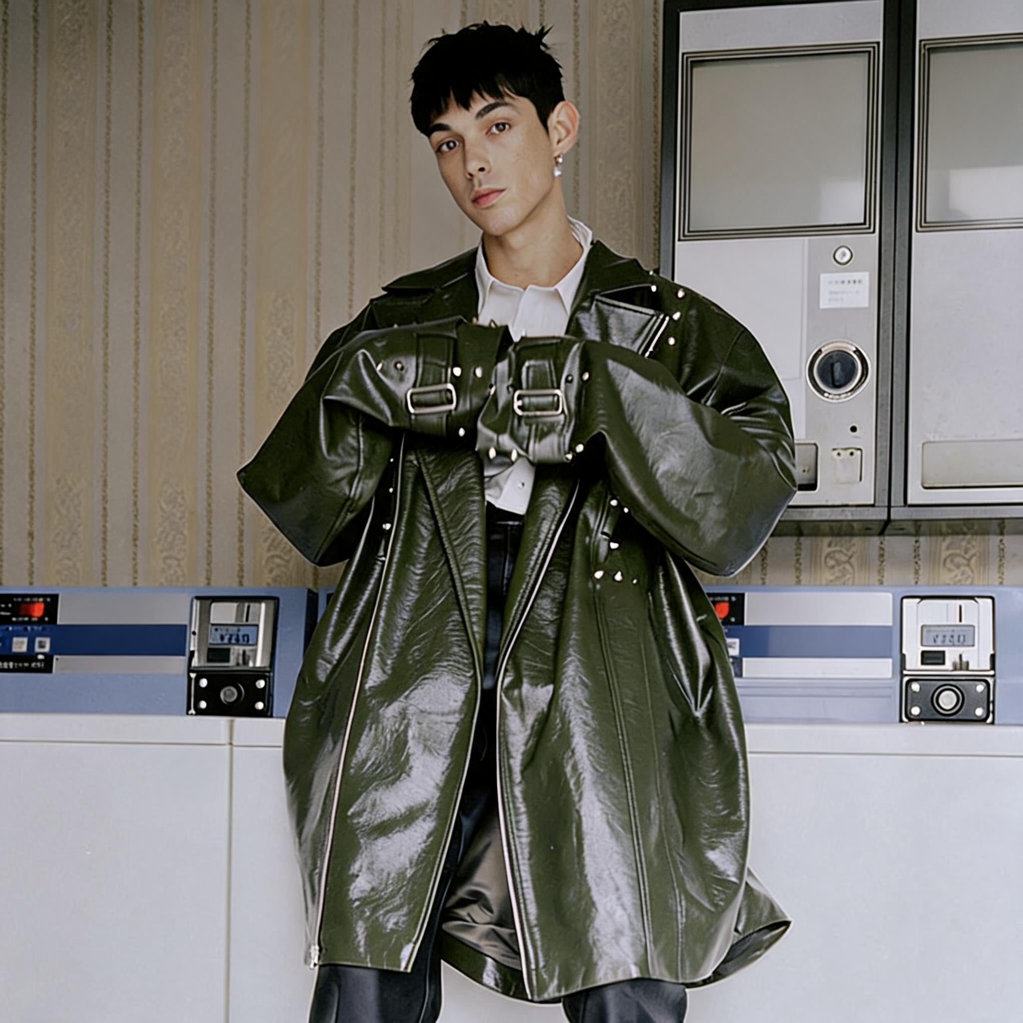 Studded Patent Leather Oversized Trench Coat