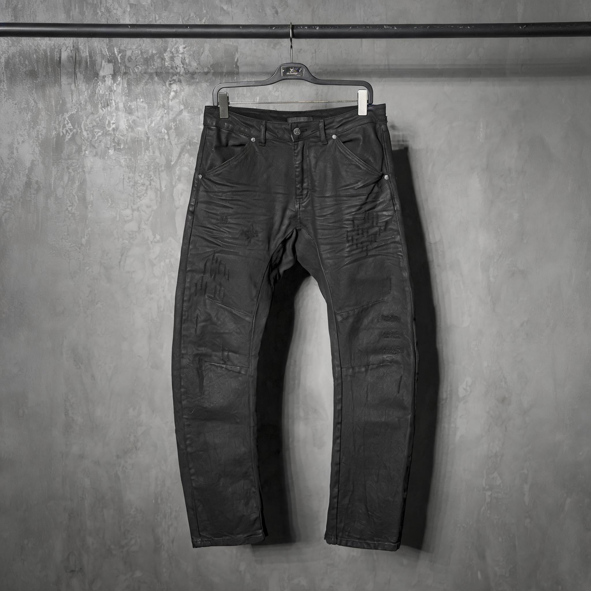 Waxed Distressed Curved Slim Jeans