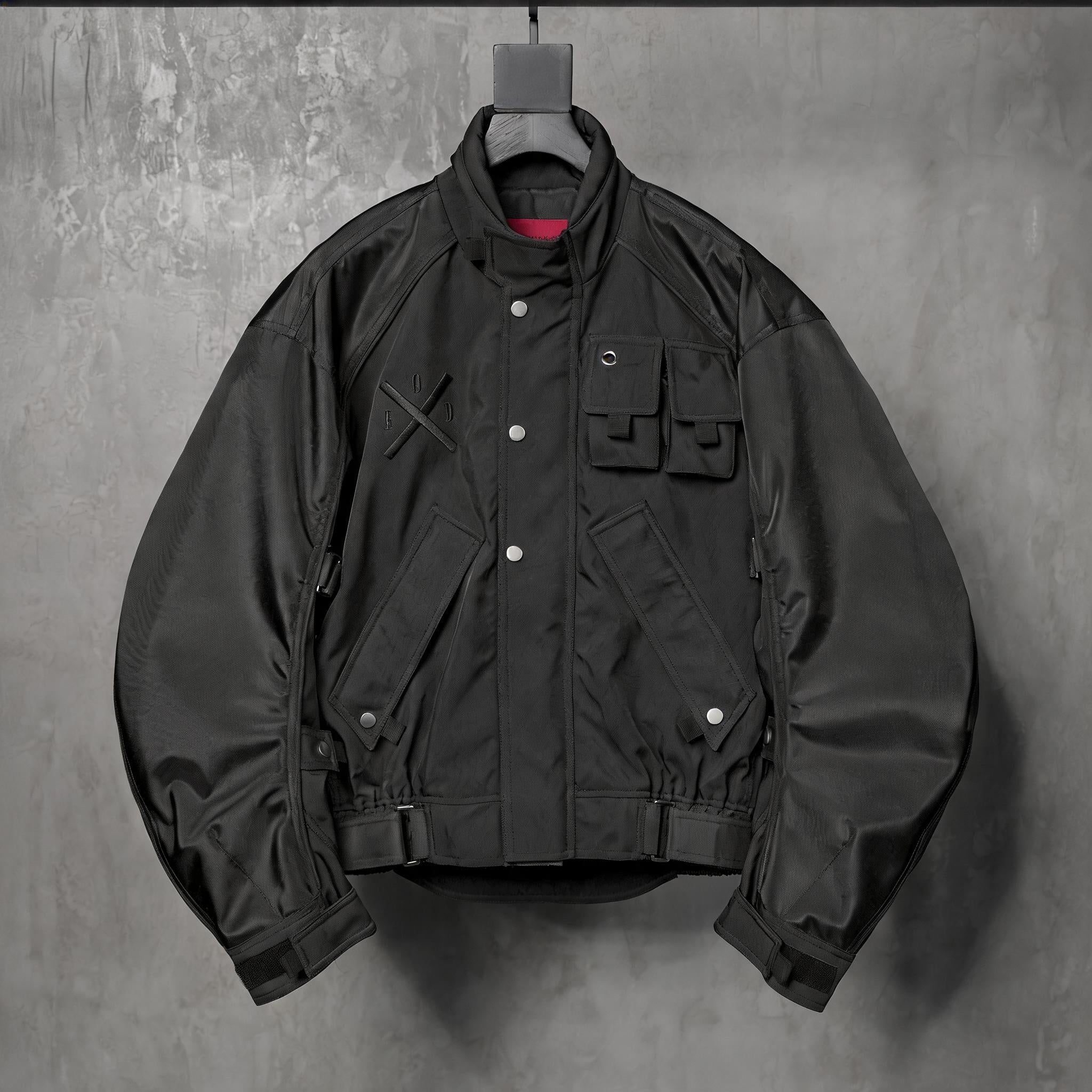 Loose Dark Curved Nylon Biker Jacket