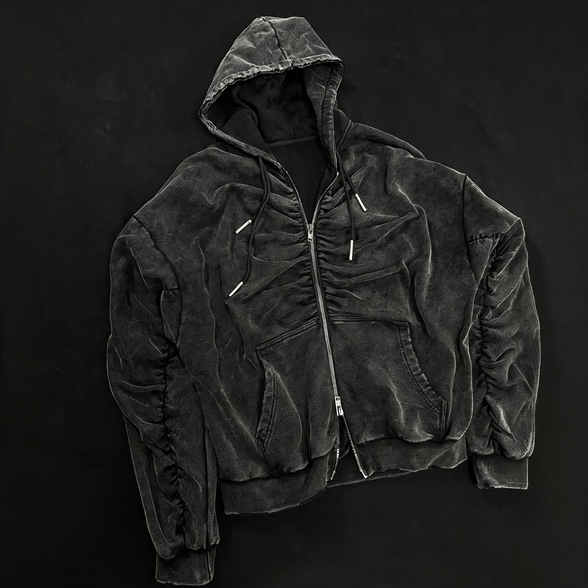 Black Loose Patchwork Zip Hoodie