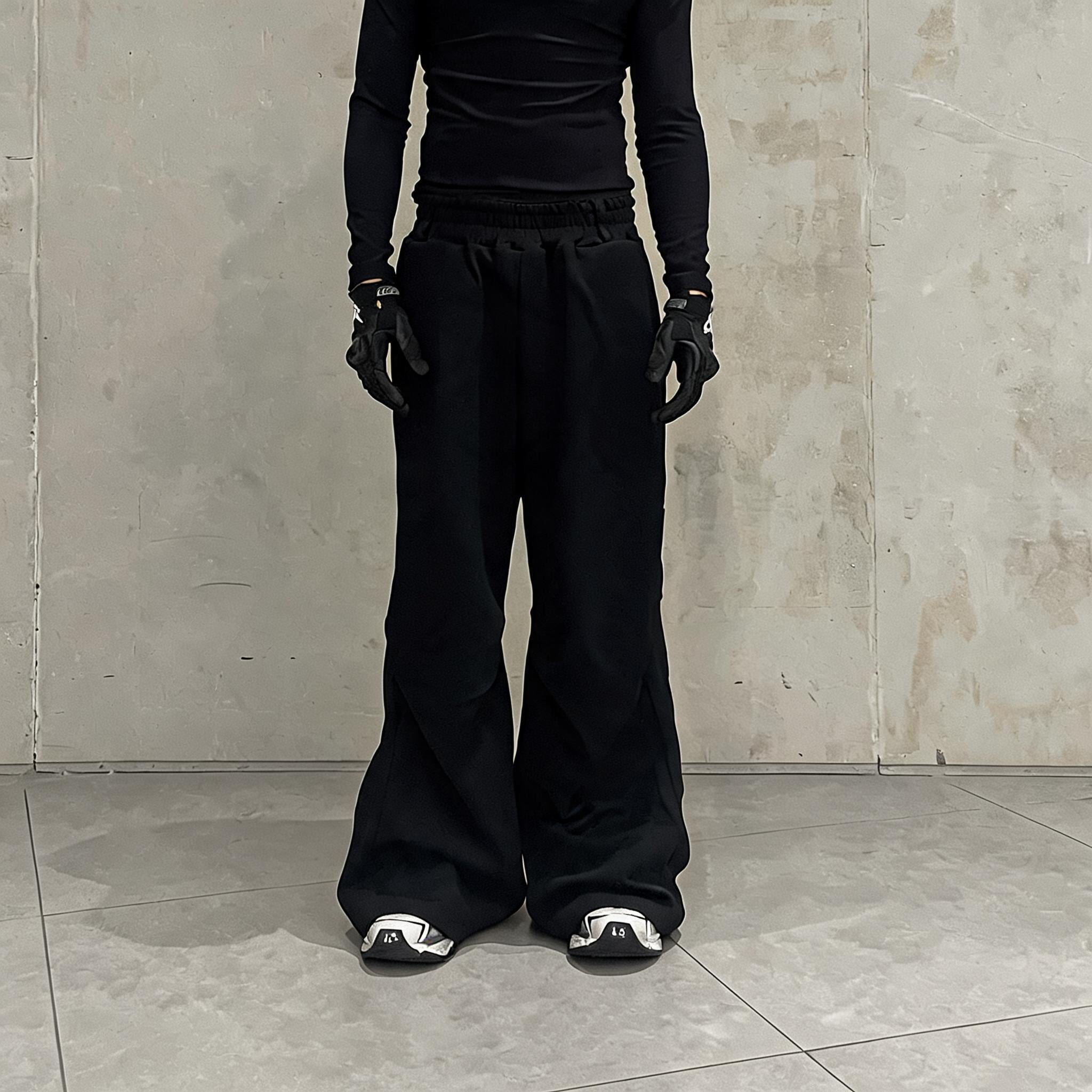 Black Loose Pleated Flare Cotton Sweatpants