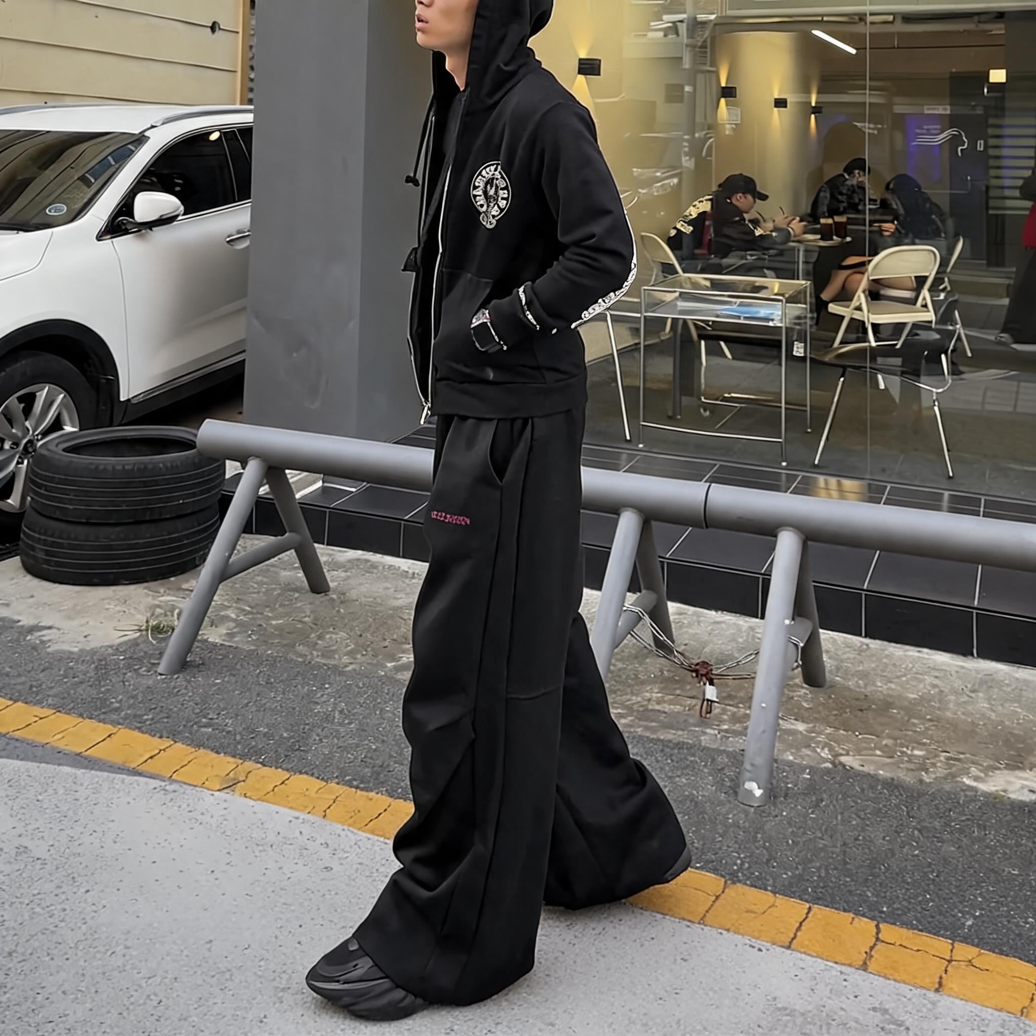 Black Loose Pleated Flare Cotton Sweatpants