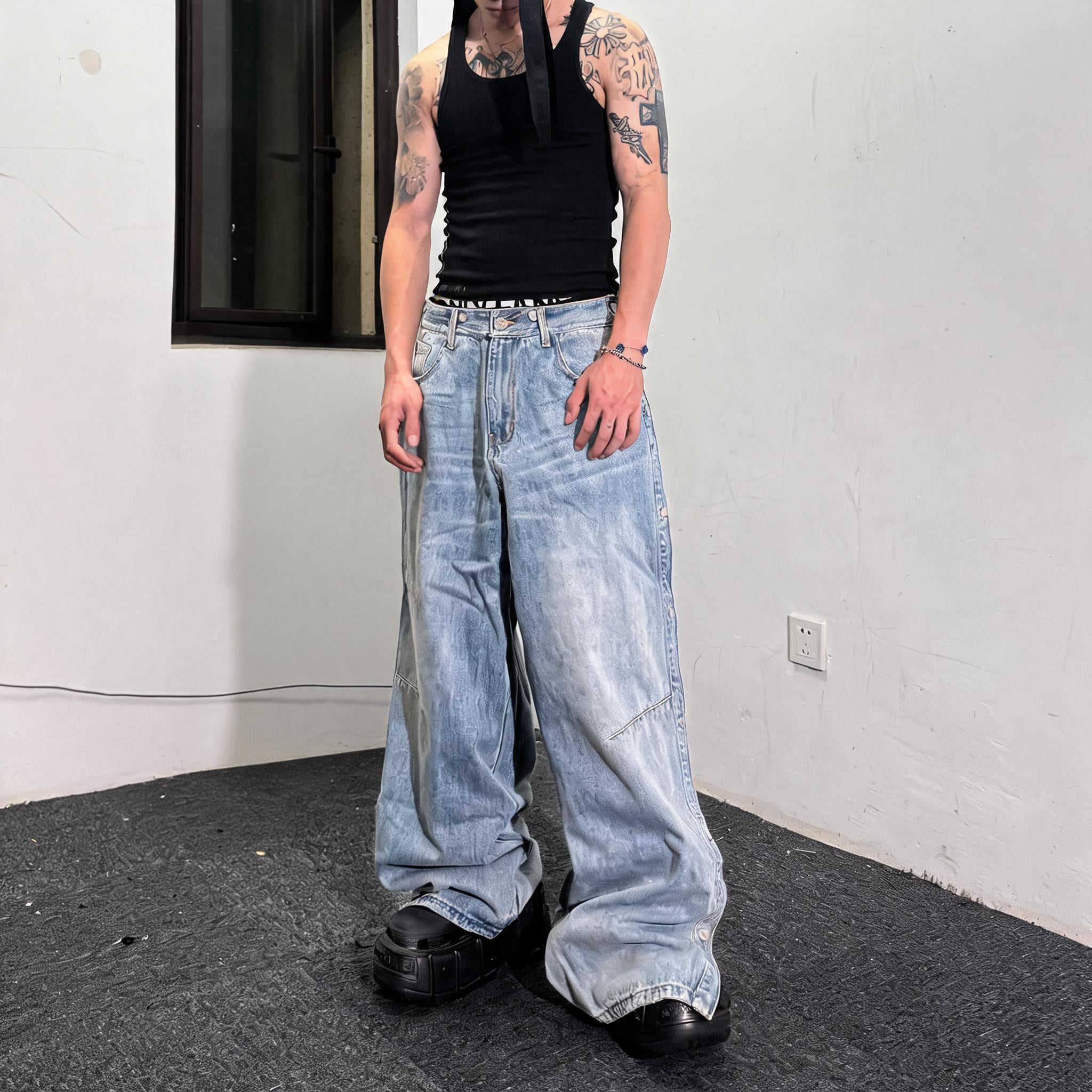 Double Waistband Drawstring Washed Blue Jeans