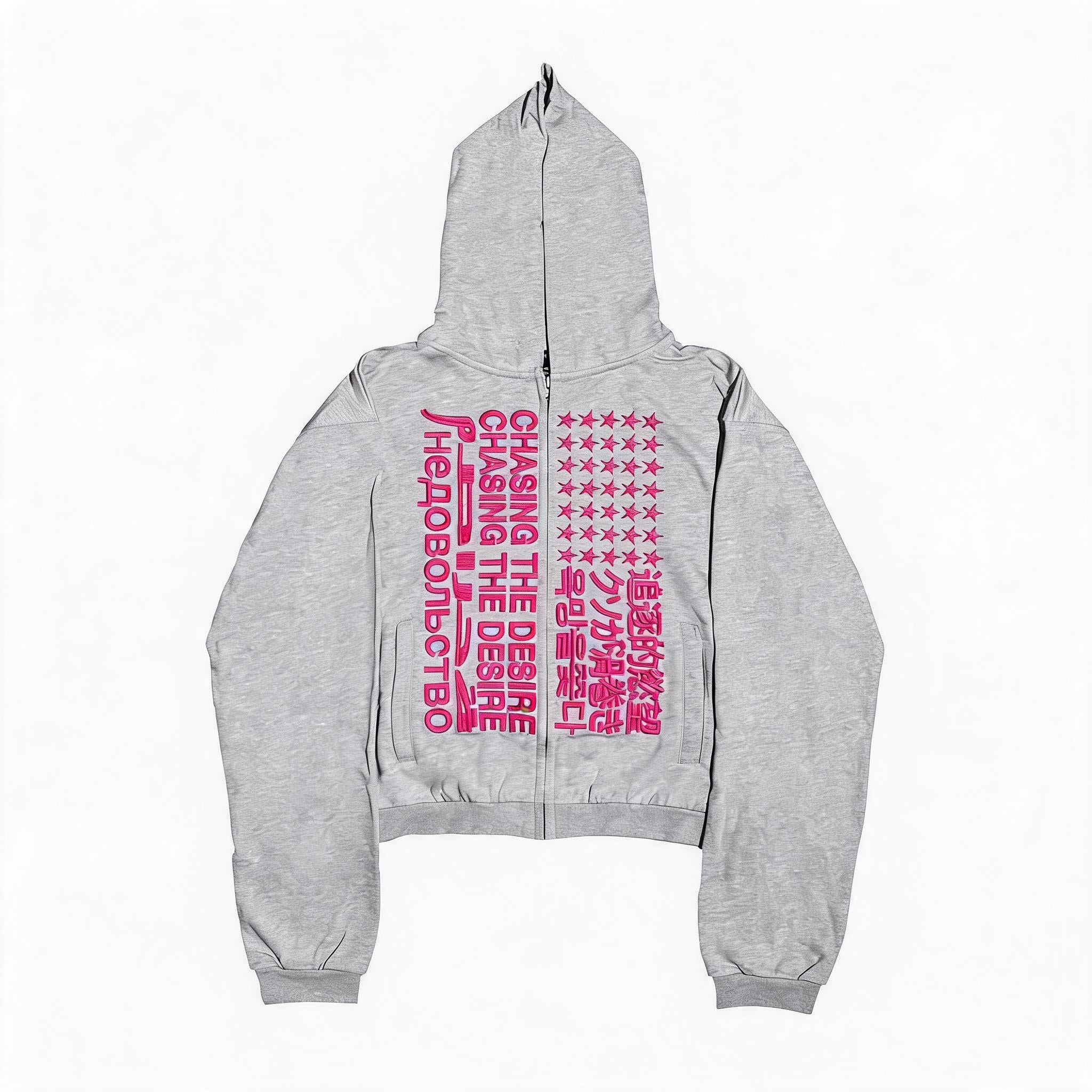 Slim Cropped Gray Flag-Embroidered Zip Hoodie