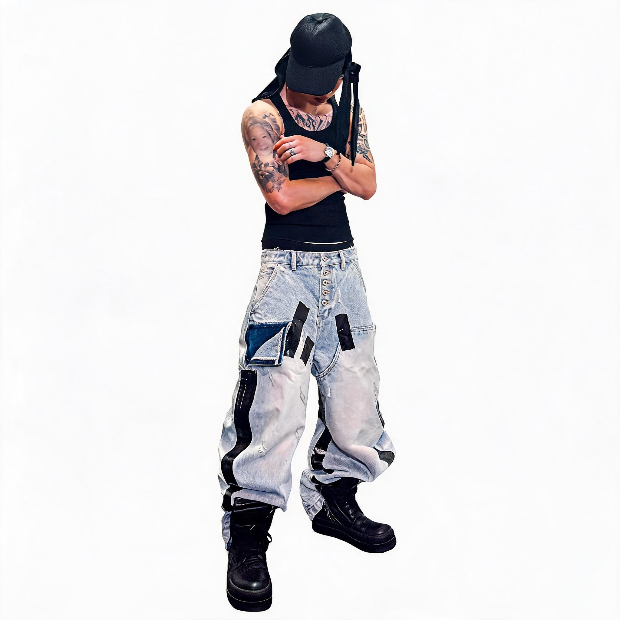 Washed Destroyed Black Tape Patched Jeans