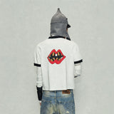 White Cropped Lip Print Ribbed Tee