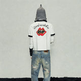 White Cropped Lip Print Ribbed Tee
