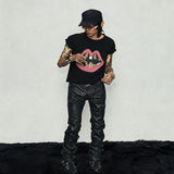 Black Cropped Lip Print Tee