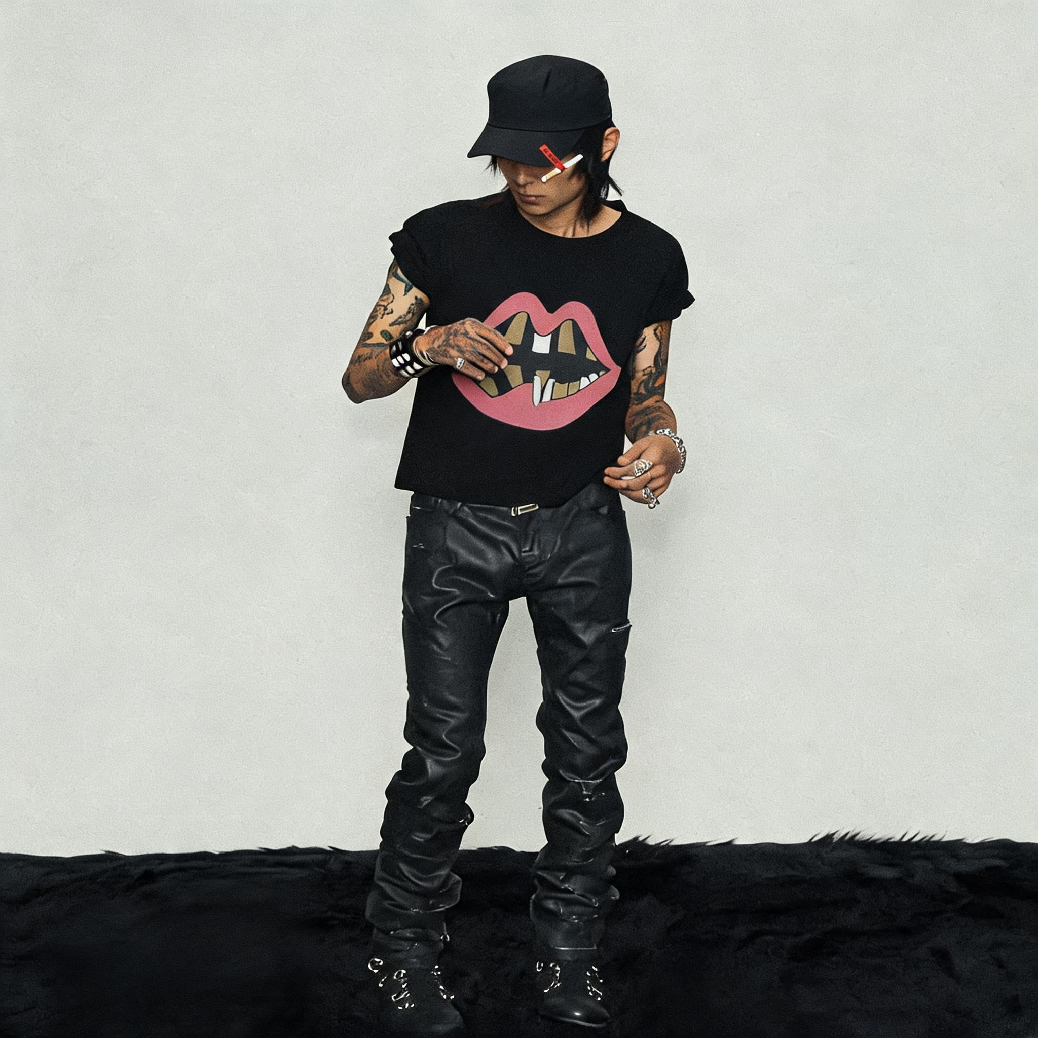Black Cropped Lip Print Tee