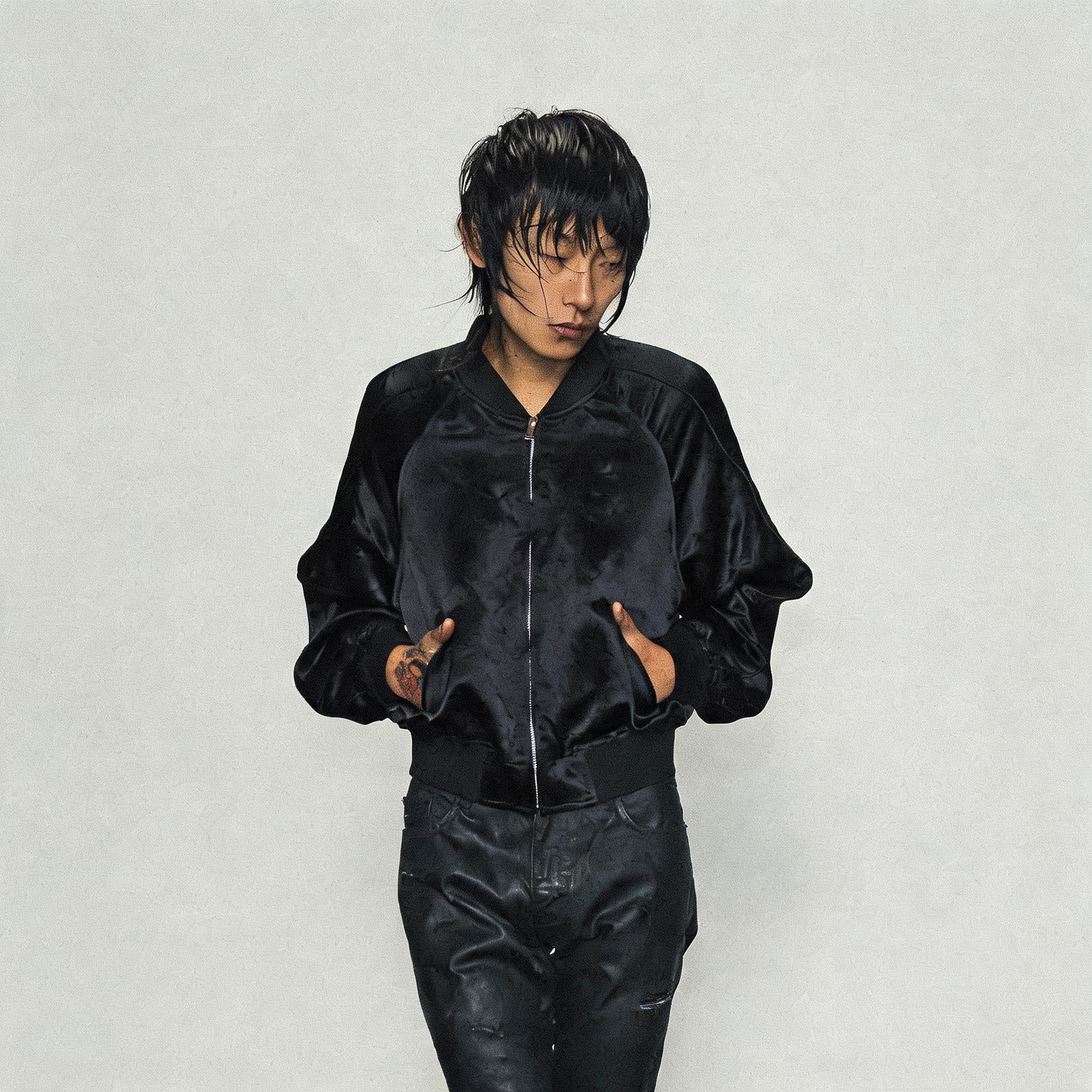 Black Acetate Embroidered Cropped Zip Jacket
