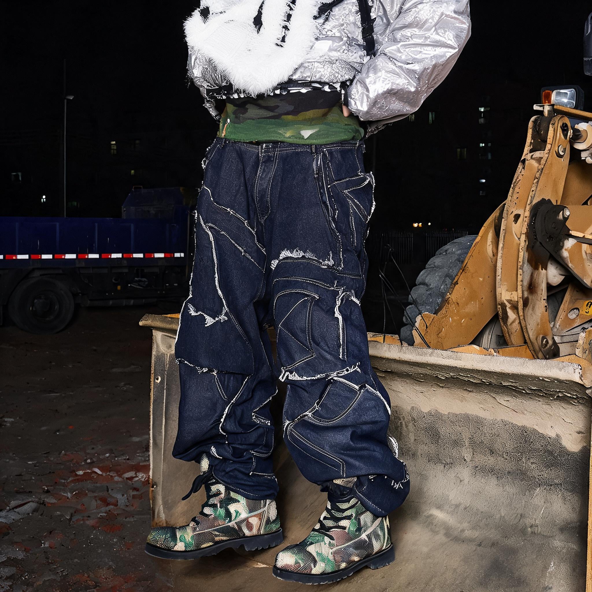 Baggy Raw Denim Patchwork Pants