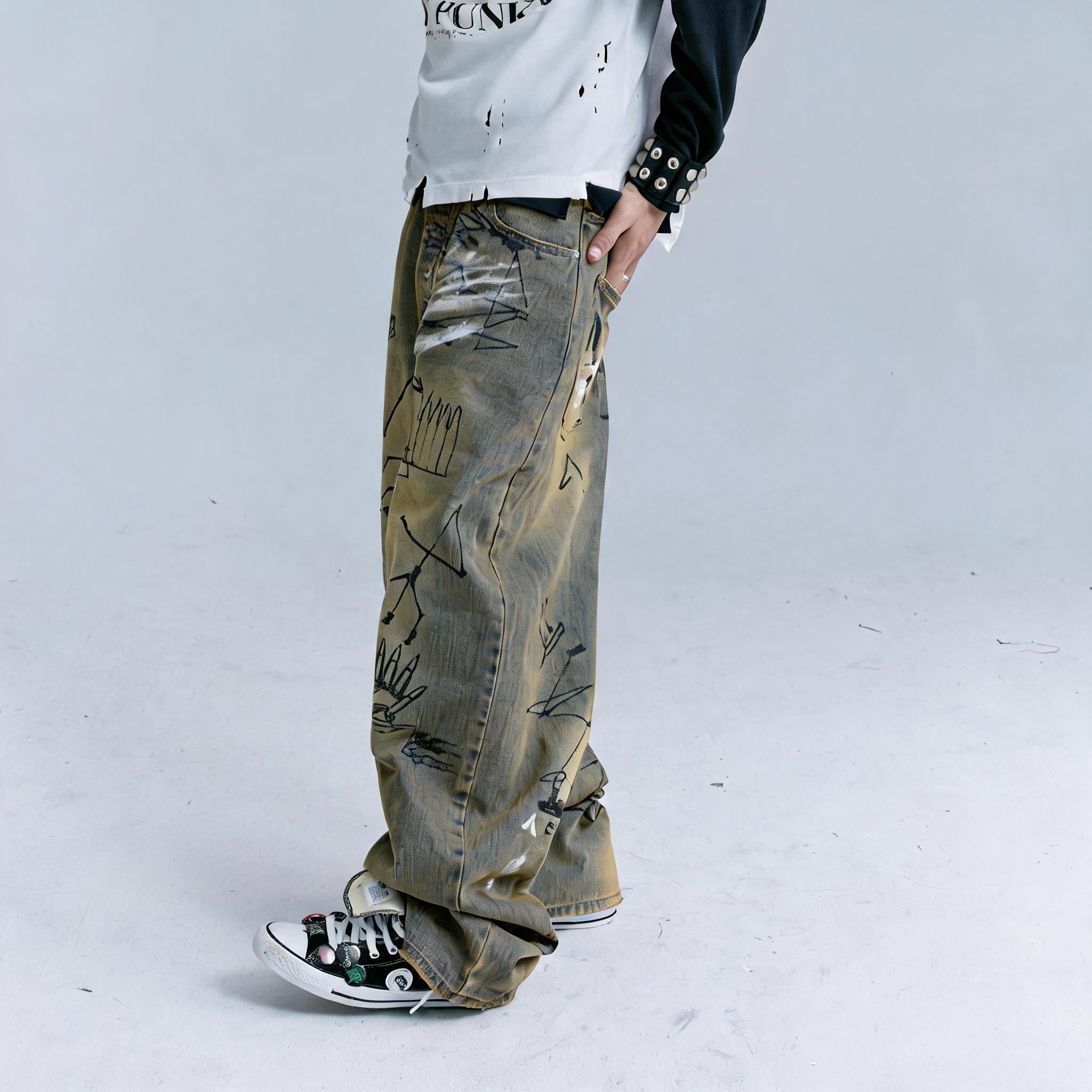 Washed Blue Mud-Dyed Graffiti Baggy Jeans