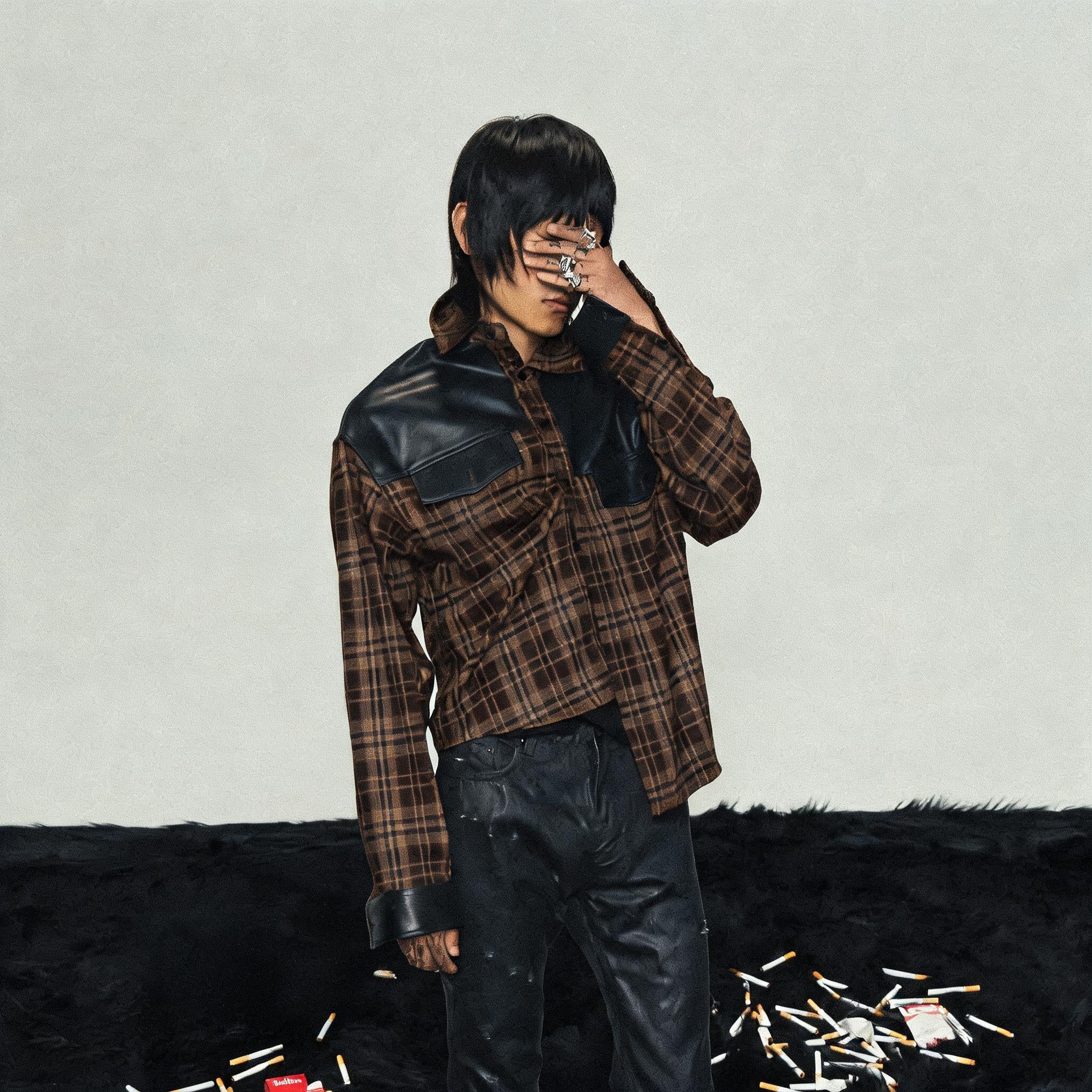 Brown Plaid Leather Shirt Jacket