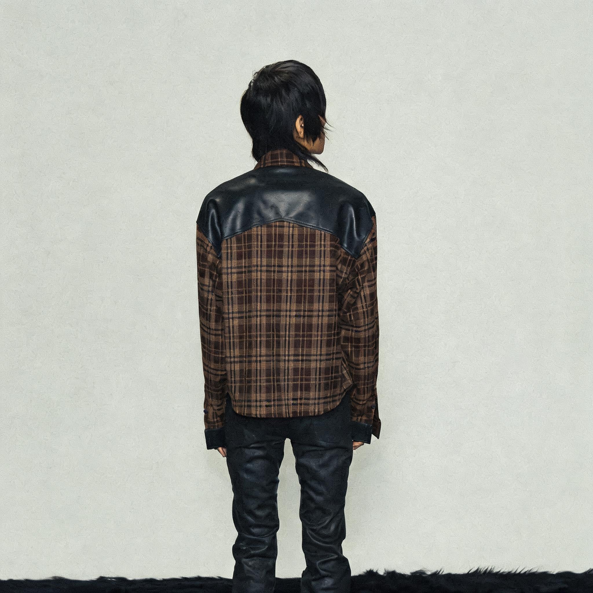 Brown Plaid Leather Shirt Jacket