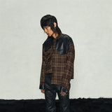 Brown Plaid Leather Shirt Jacket