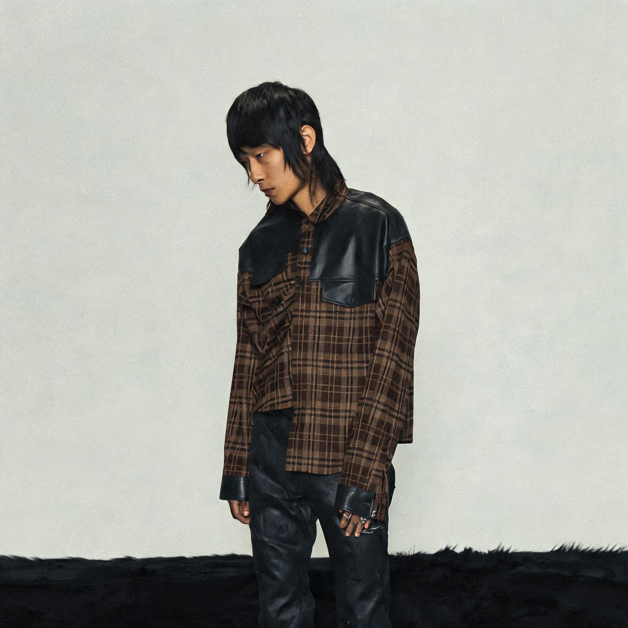 Brown Plaid Leather Shirt Jacket