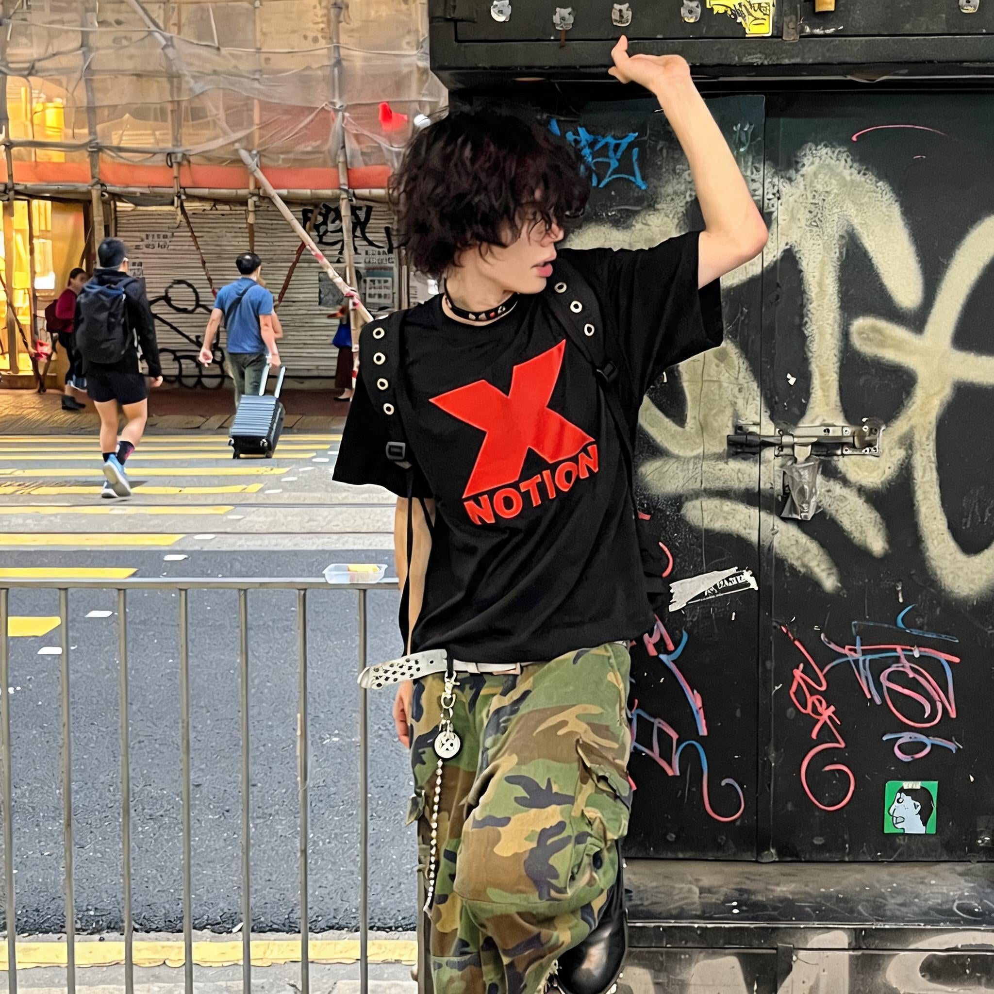 Loose Two-tone Print Cotton Tees