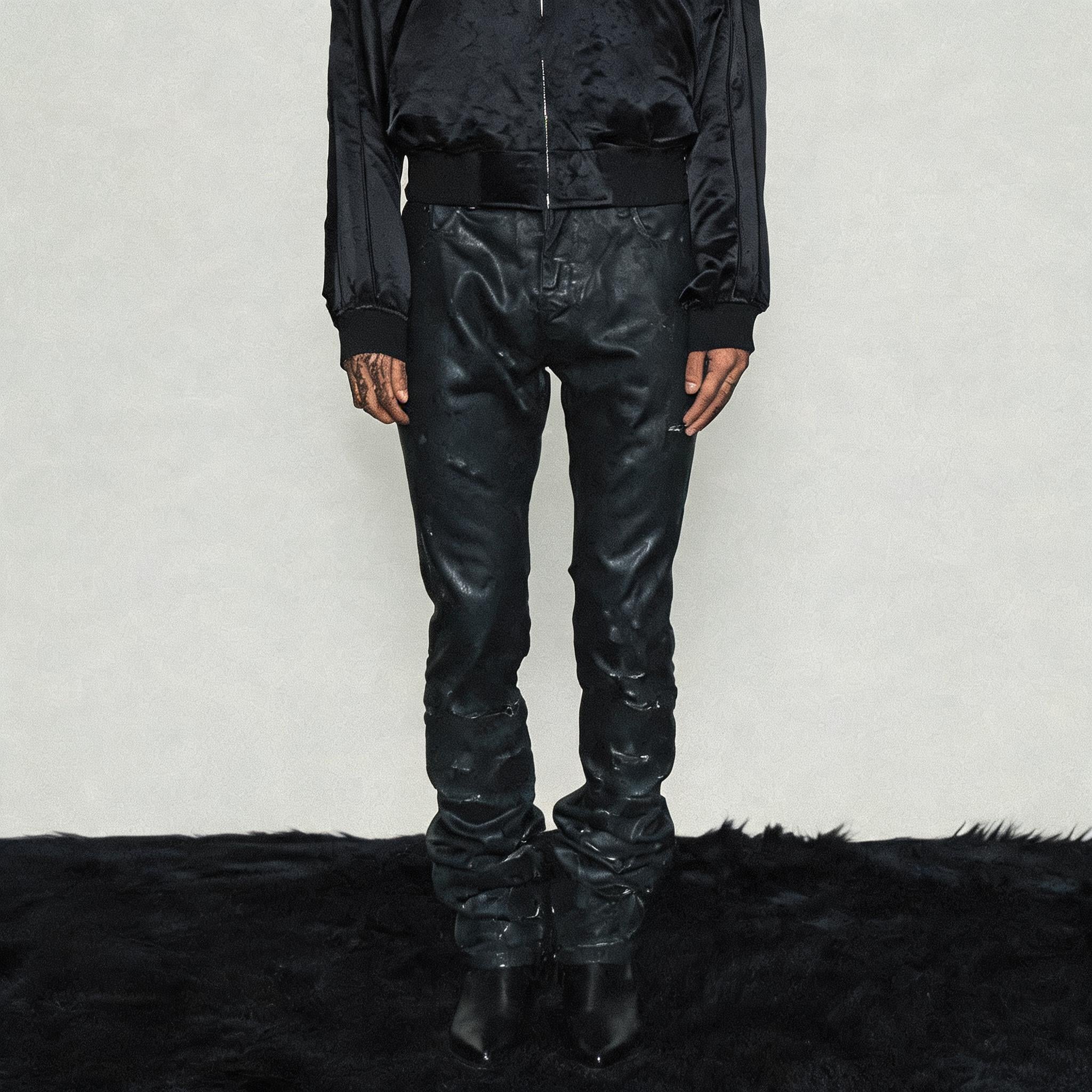 Black Coated Waxed Distressed Straight Jeans