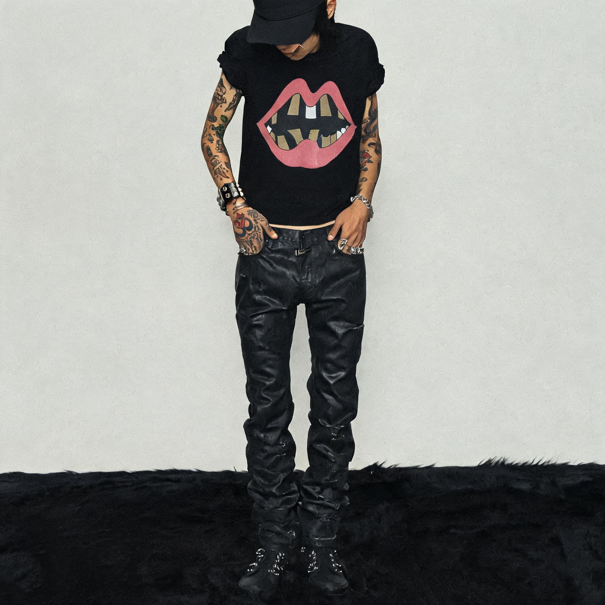 Black Coated Waxed Distressed Straight Jeans