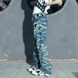 Blue Washed Distressed Flared Denim Pants
