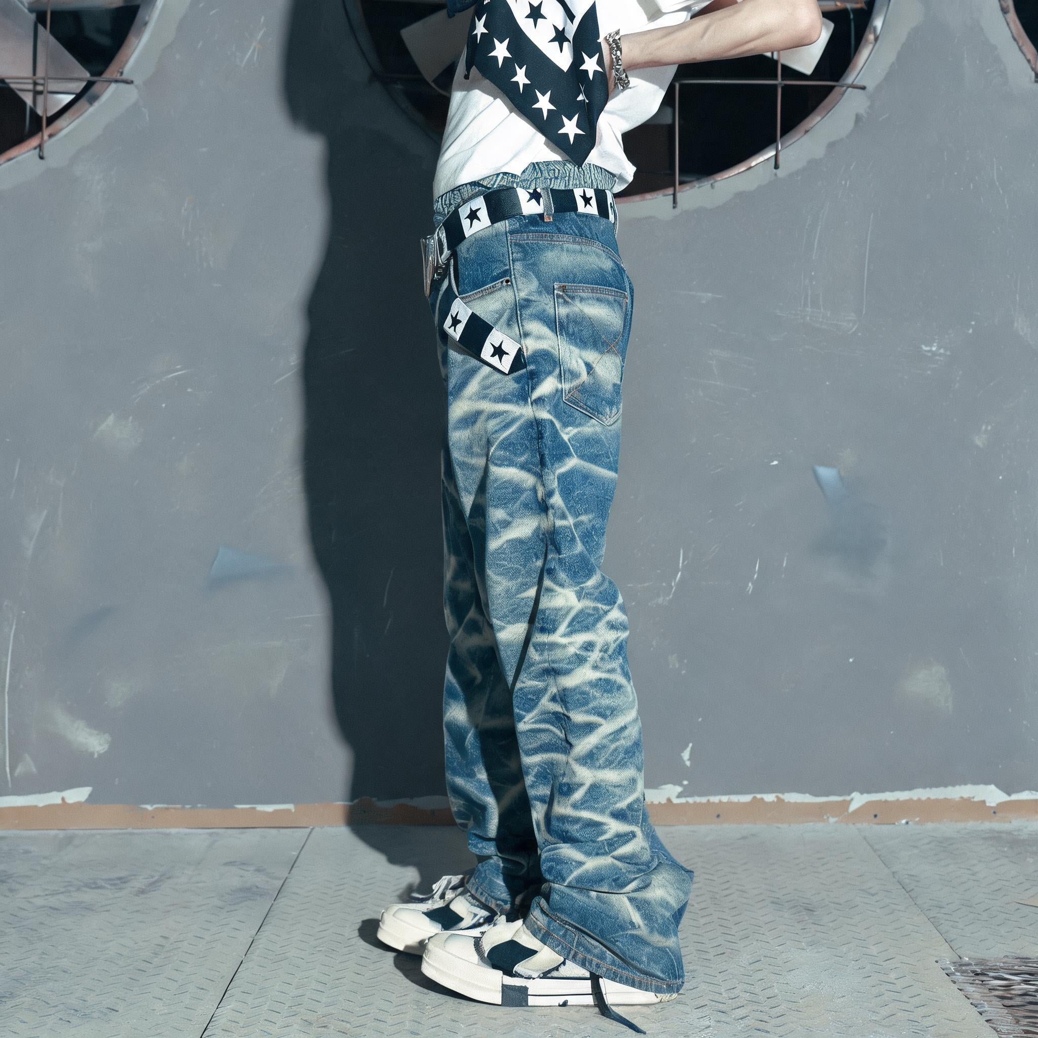 Blue Washed Distressed Flared Denim Pants
