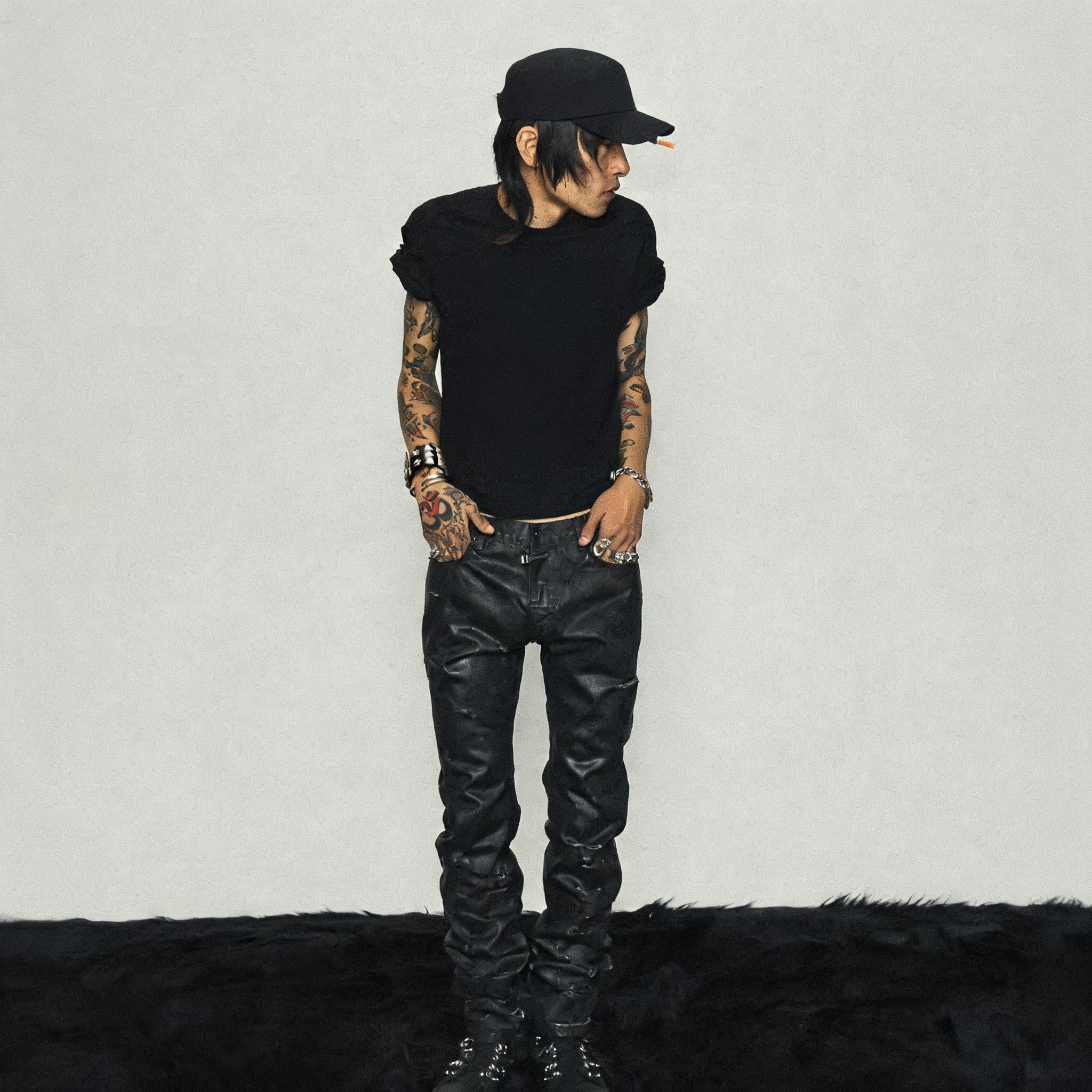 Black Coated Waxed Distressed Straight Jeans