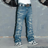 Blue Washed Distressed Flared Denim Pants