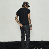 Black Coated Waxed Distressed Straight Jeans
