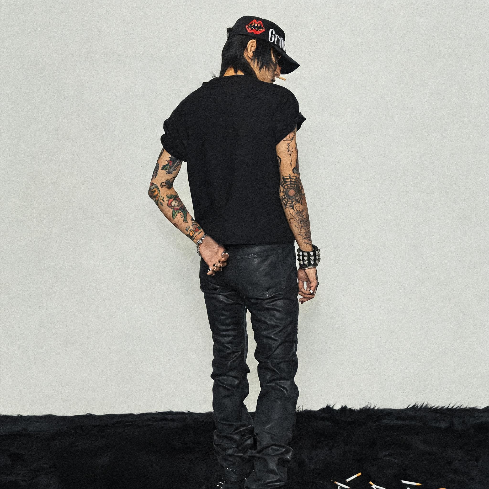 Black Coated Waxed Distressed Straight Jeans