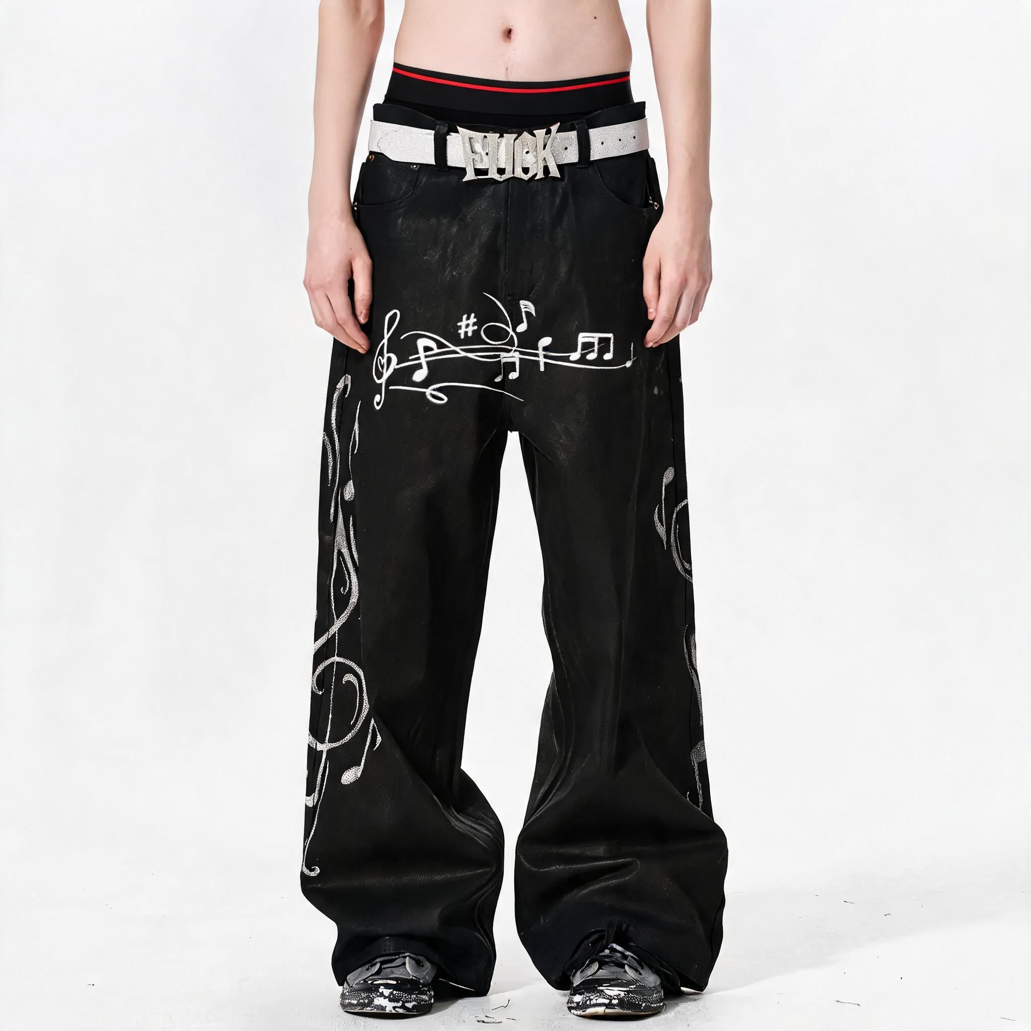 Waxed Note Print Straight Jeans