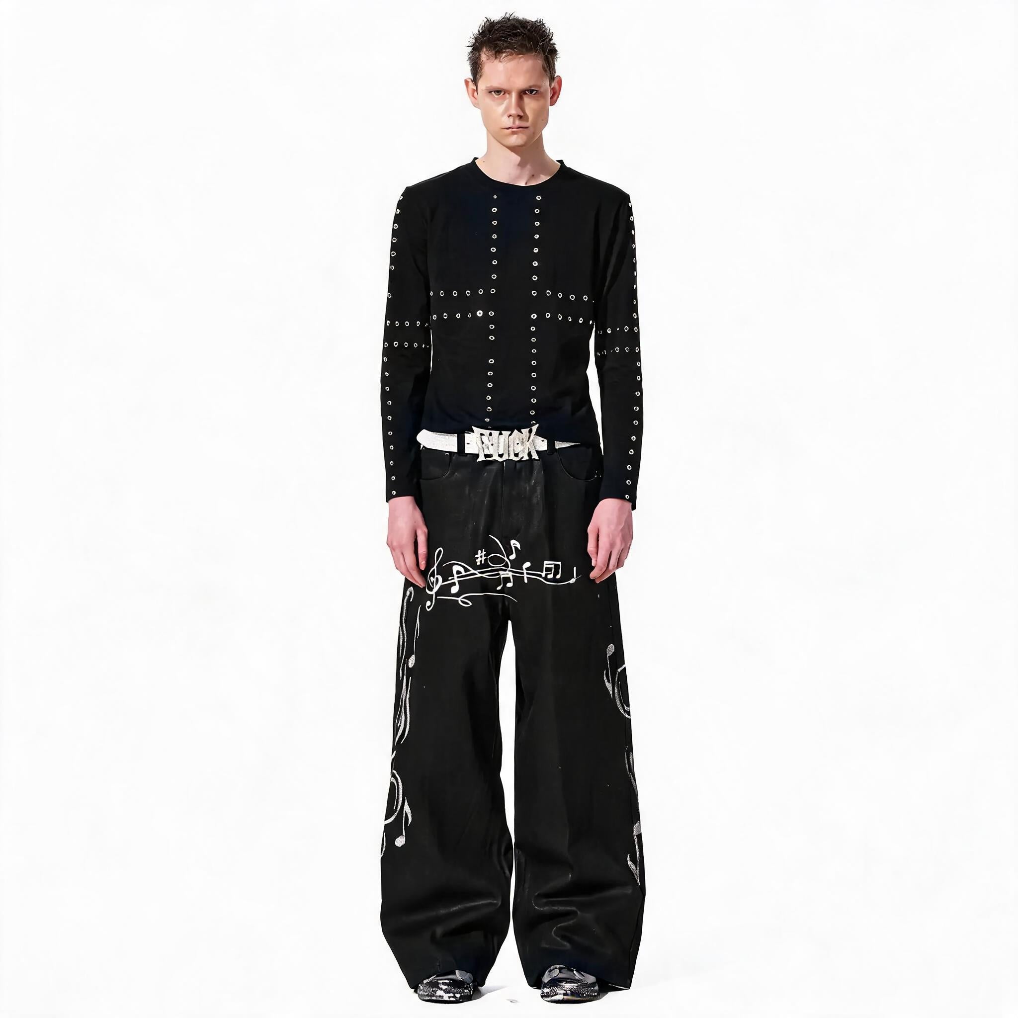 Waxed Note Print Straight Jeans