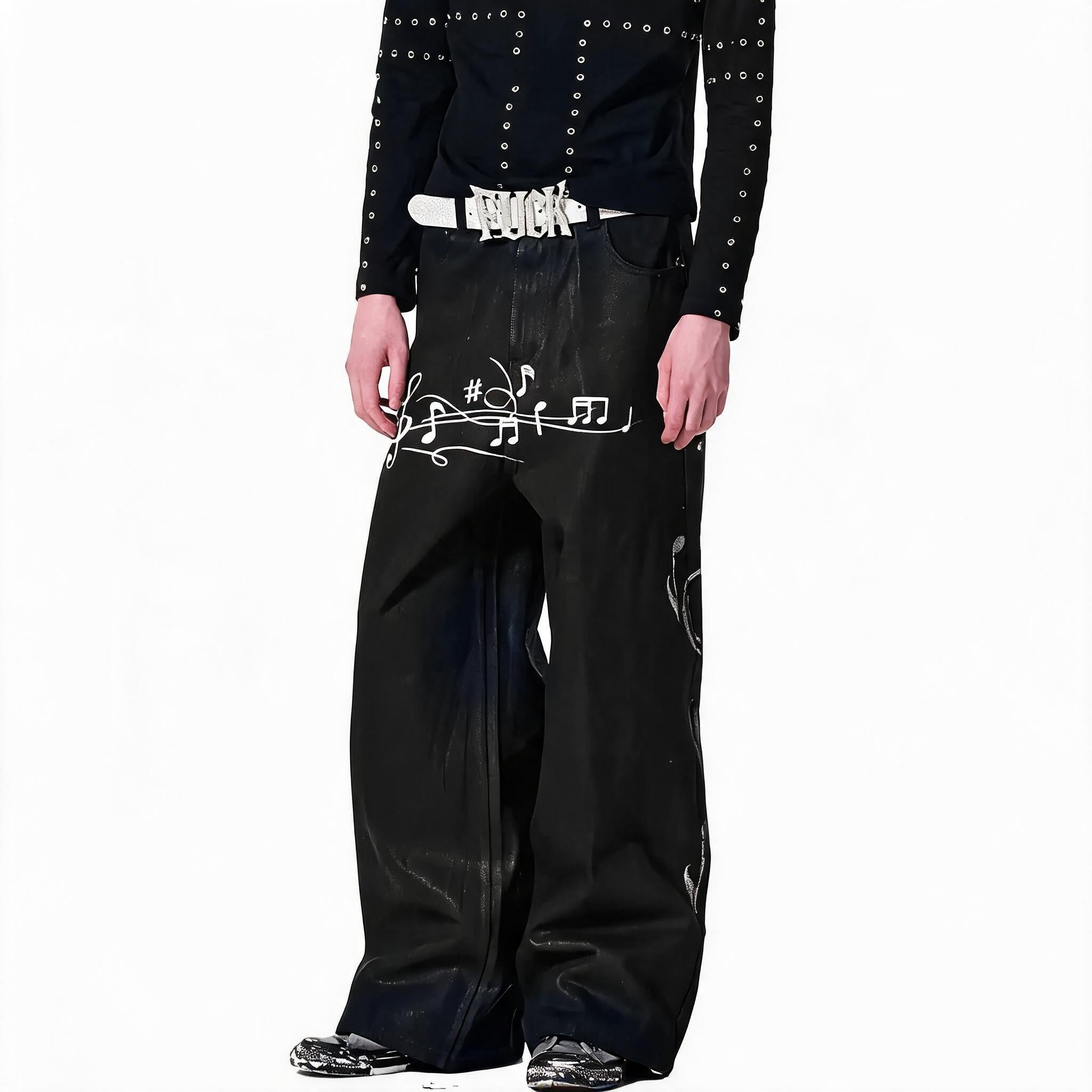 Waxed Note Print Straight Jeans
