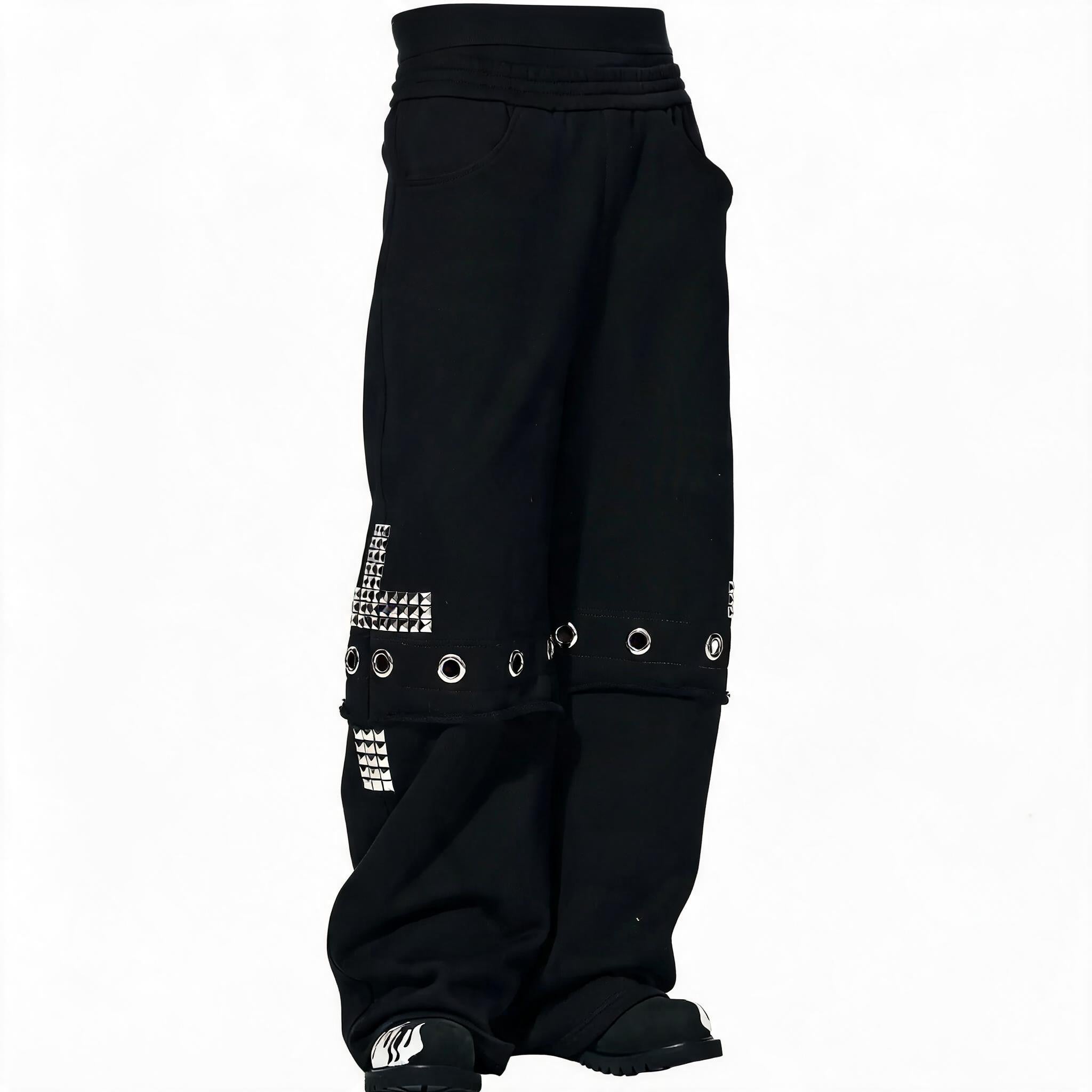 Men's Black Straight Two-In-One Riveted Sweatpants