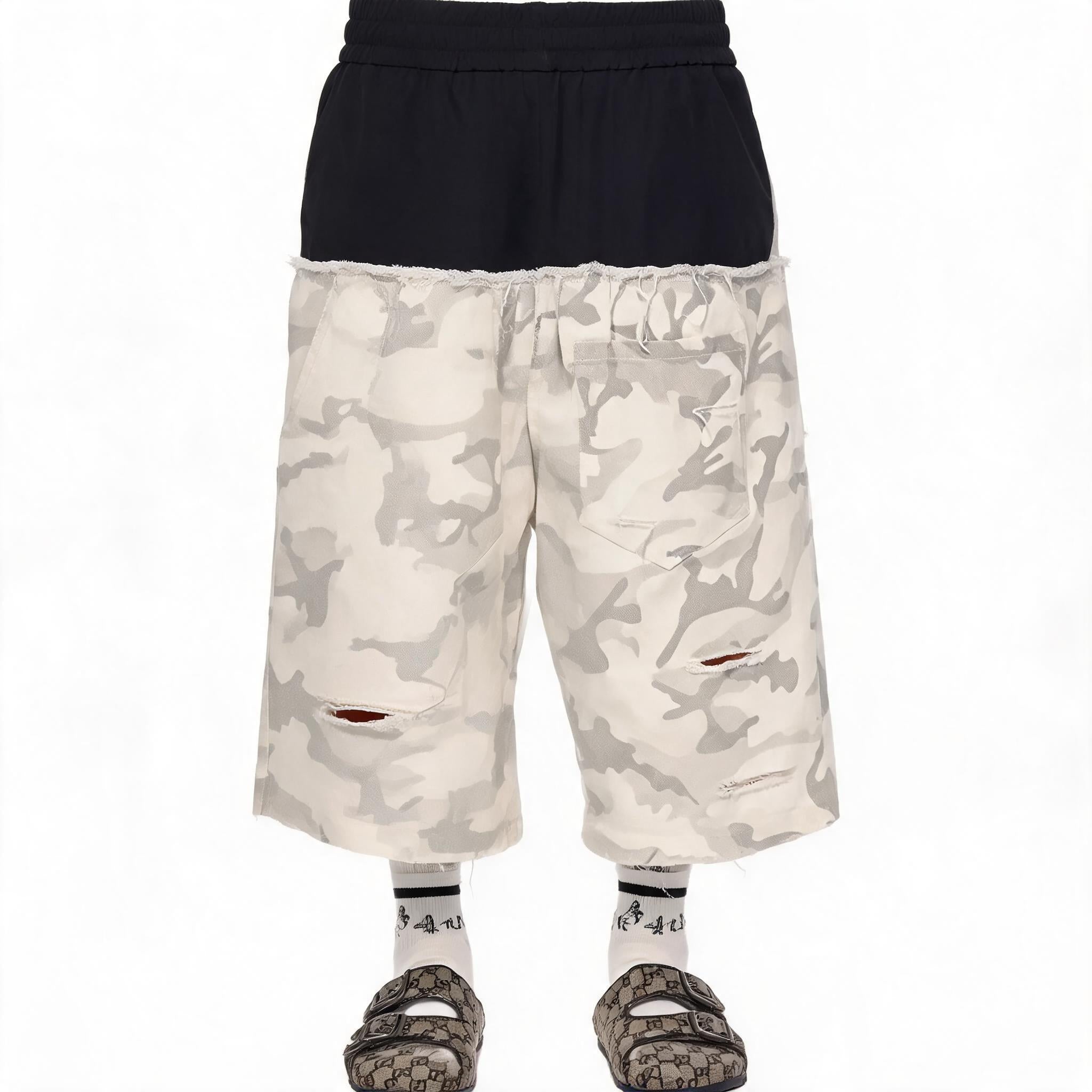 Men's Patchwork Ripped White Camo Pants