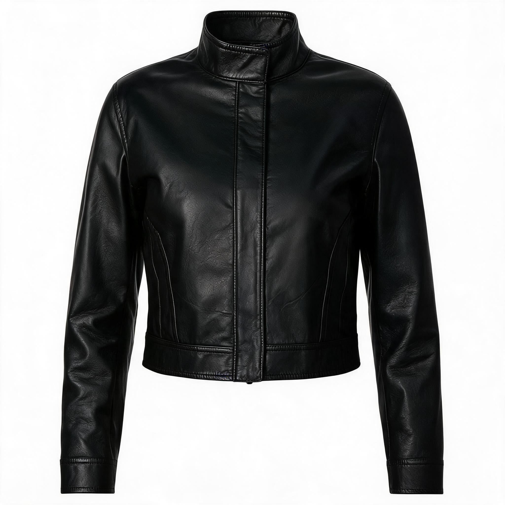 Short Stand Collar Cowhide Leather Jacket