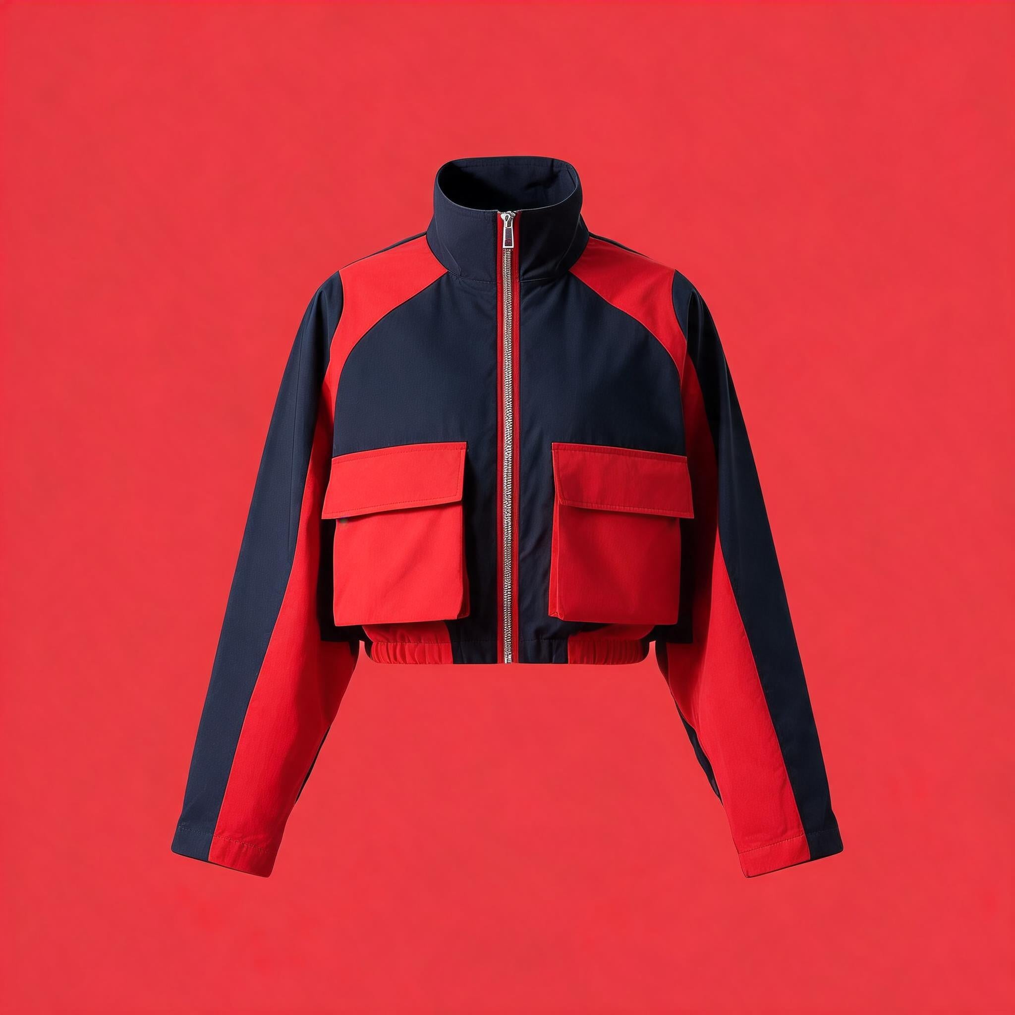 Color Block Zip Pocket Short Jacket