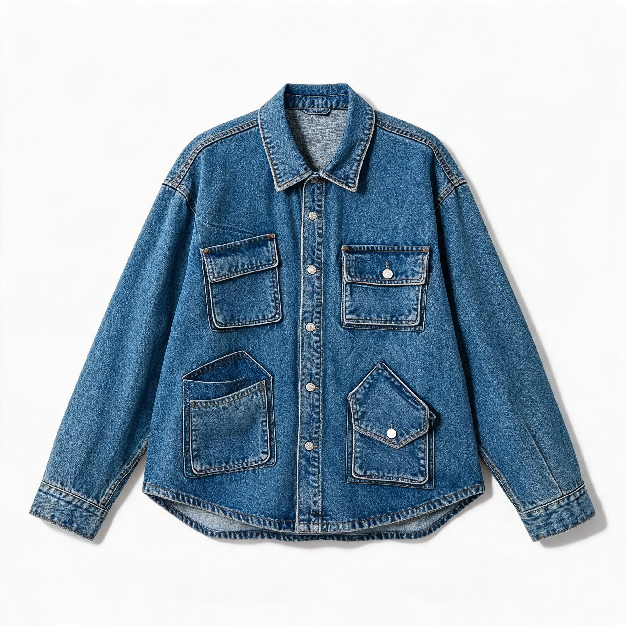 14Oz Washed Denim Asymmetric-Pocket Shirt Jacket