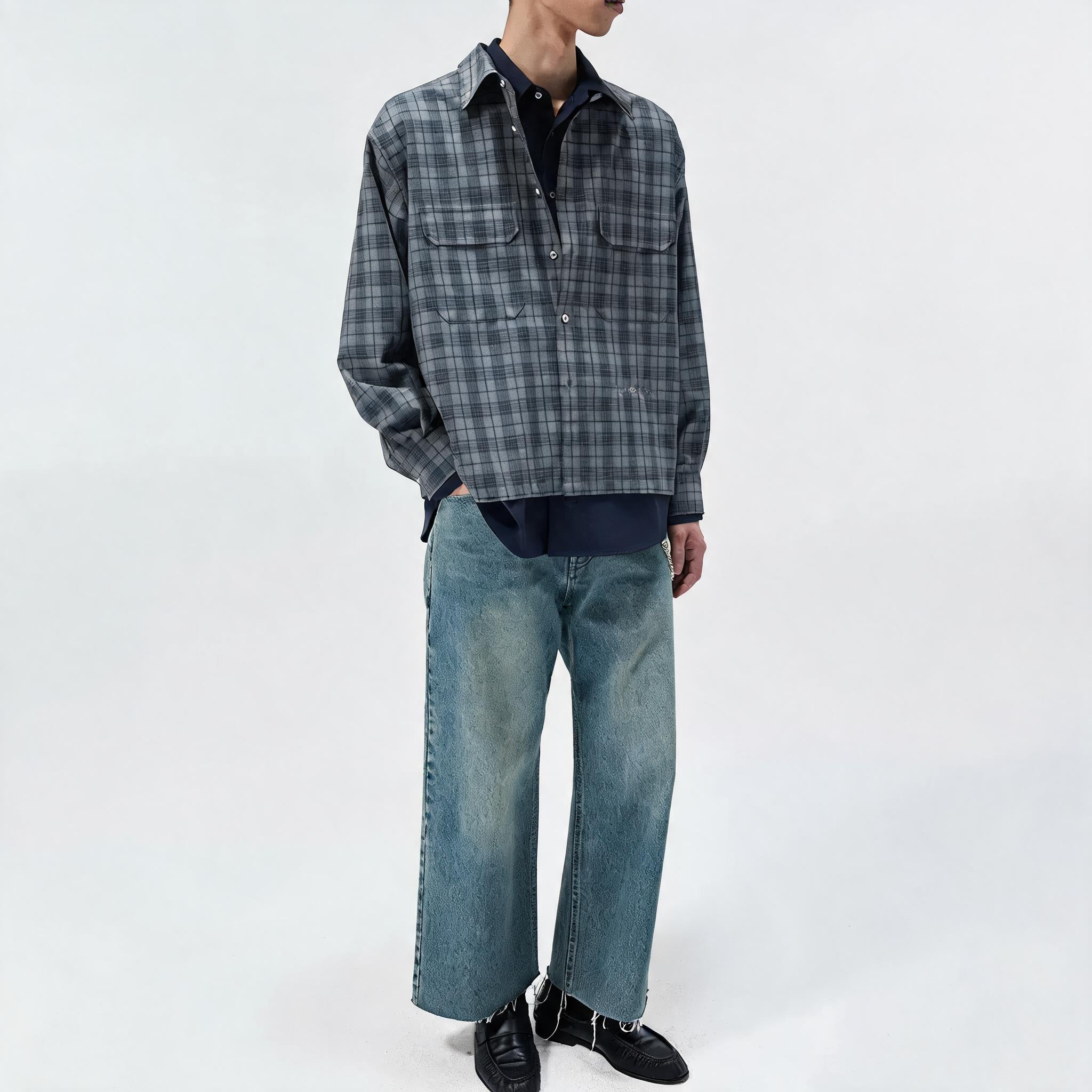 Short Color Block Plaid Cargo Shirt