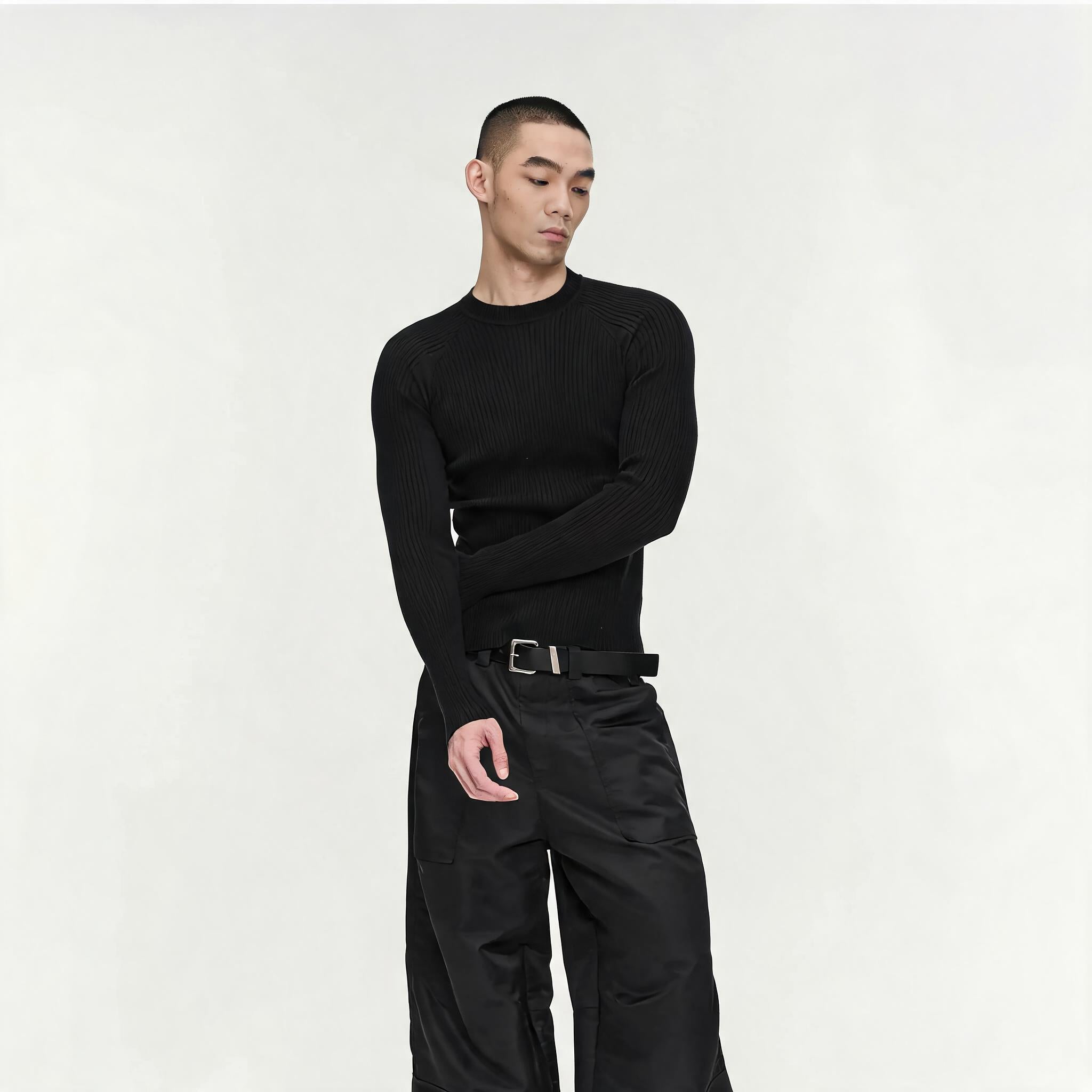 Slim Fit Ribbed Knit Long Sleeve Tops