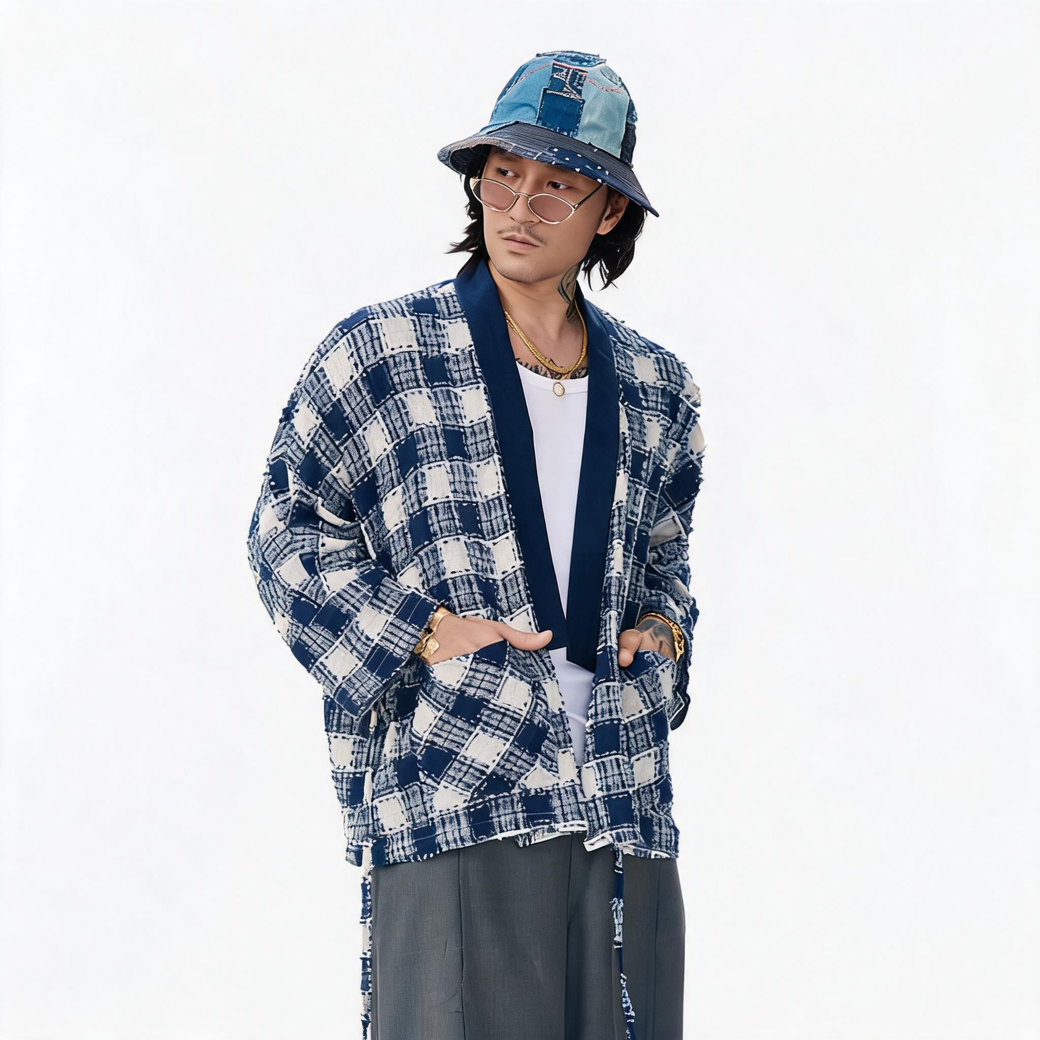 Patchwork Plaid Chinese Cardigan