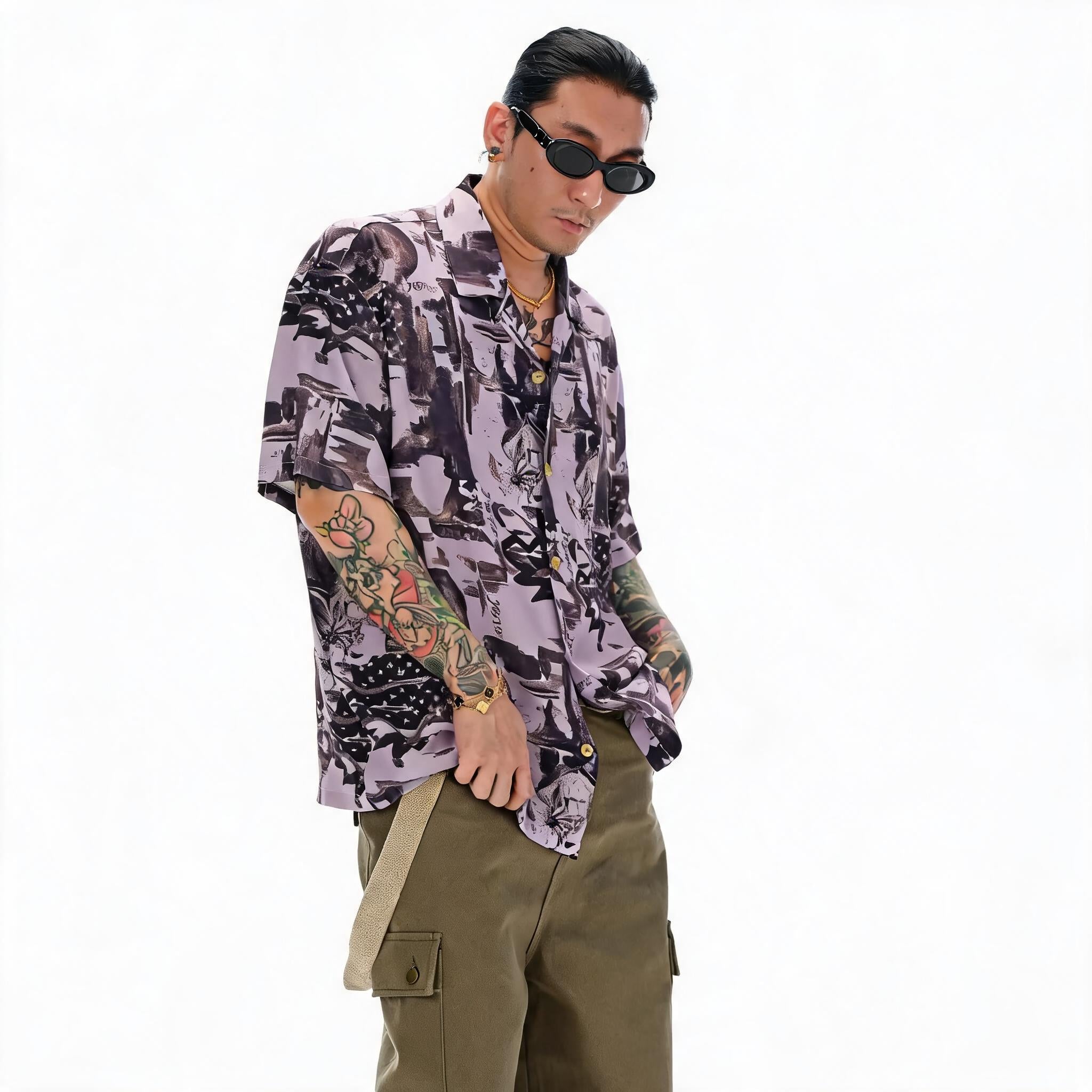 Lavender Graffiti Cuban Collar Hawaiian Shirt