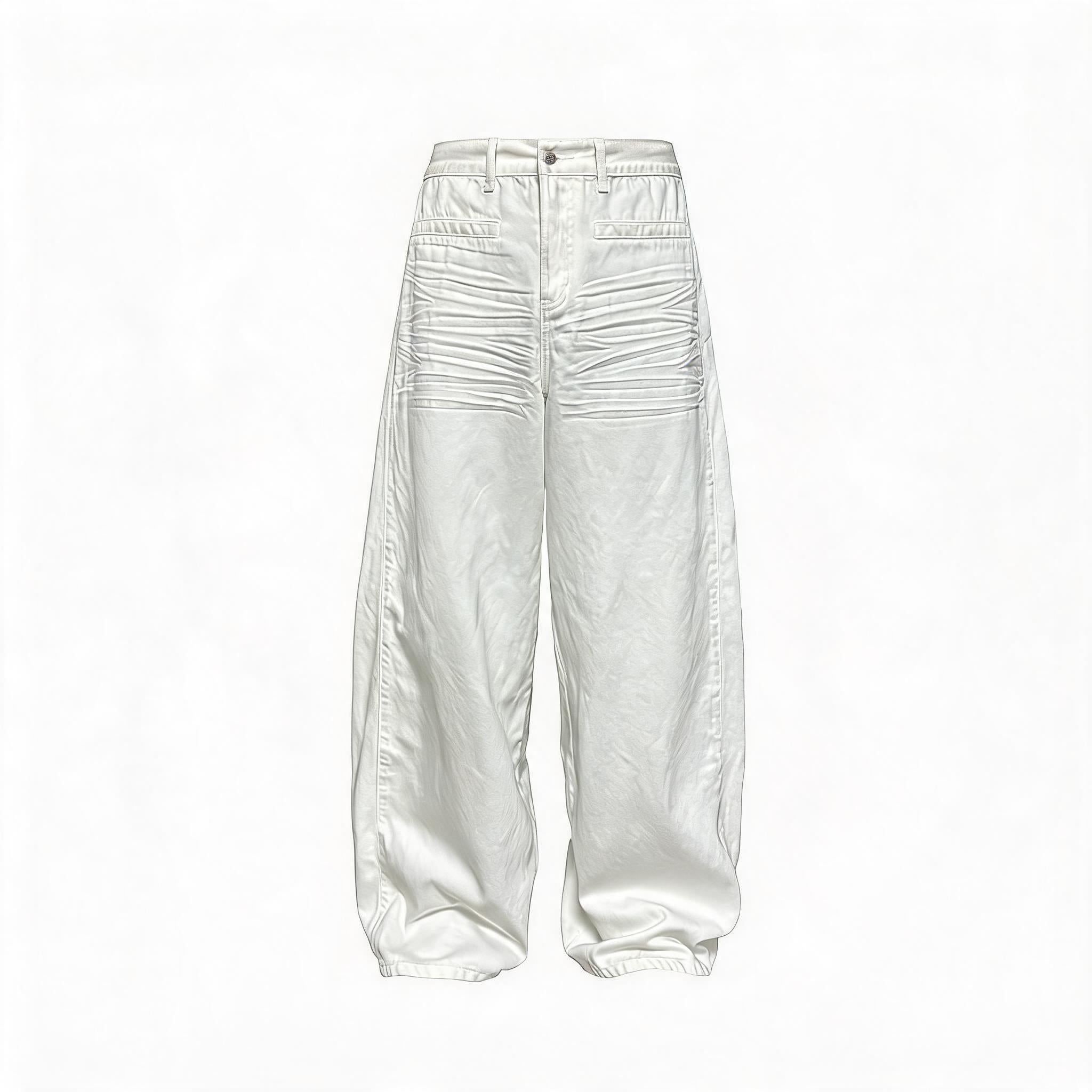 Pleated Distressed White Baggy Denim Jeans