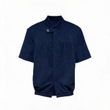 Navy Blue Pleated Short Sleeve Shirt