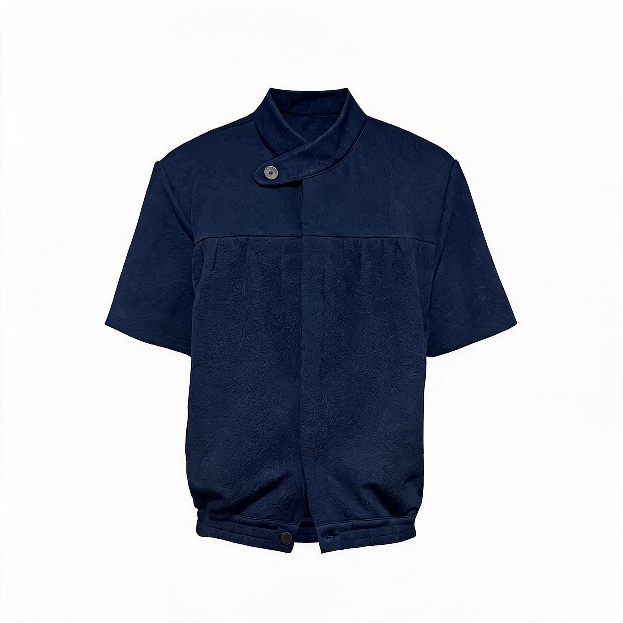 Navy Blue Pleated Short Sleeve Shirt