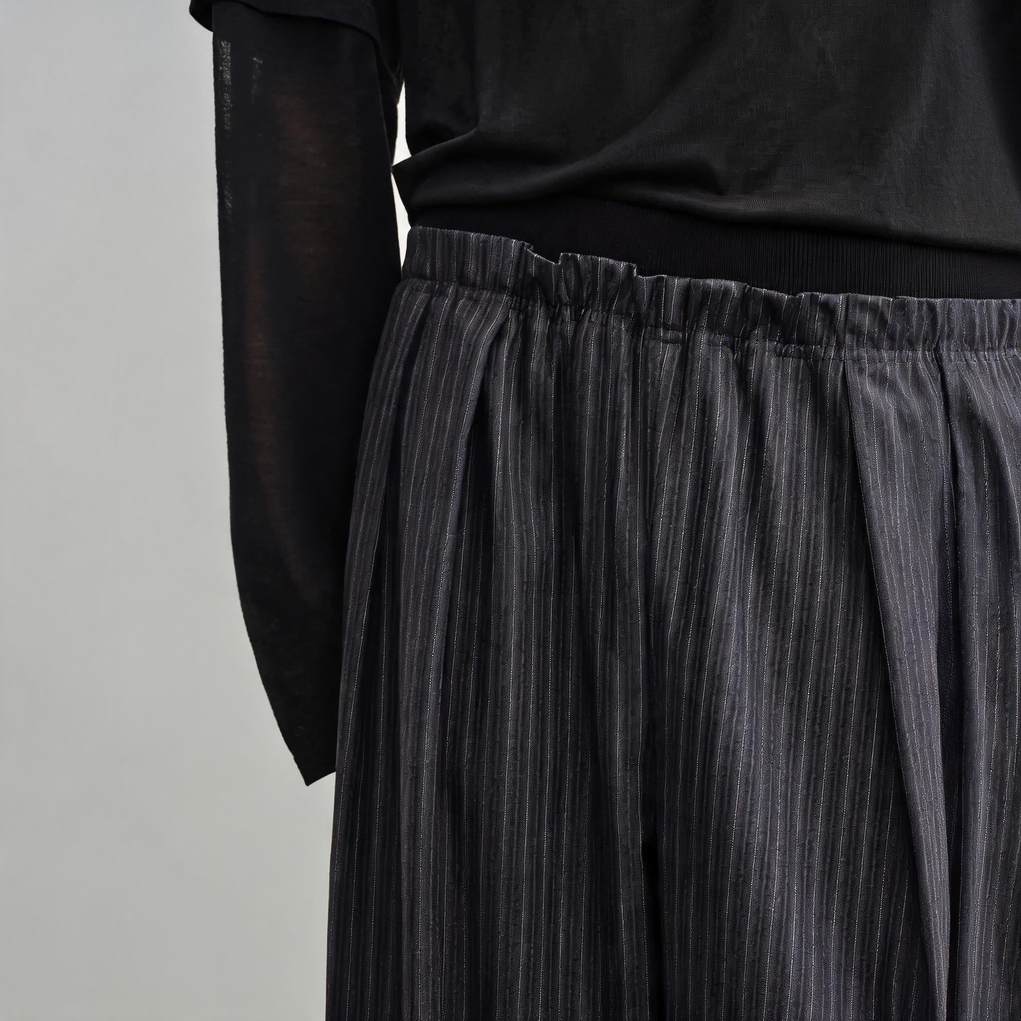 Ribbed Waist Striped Pleated Pants